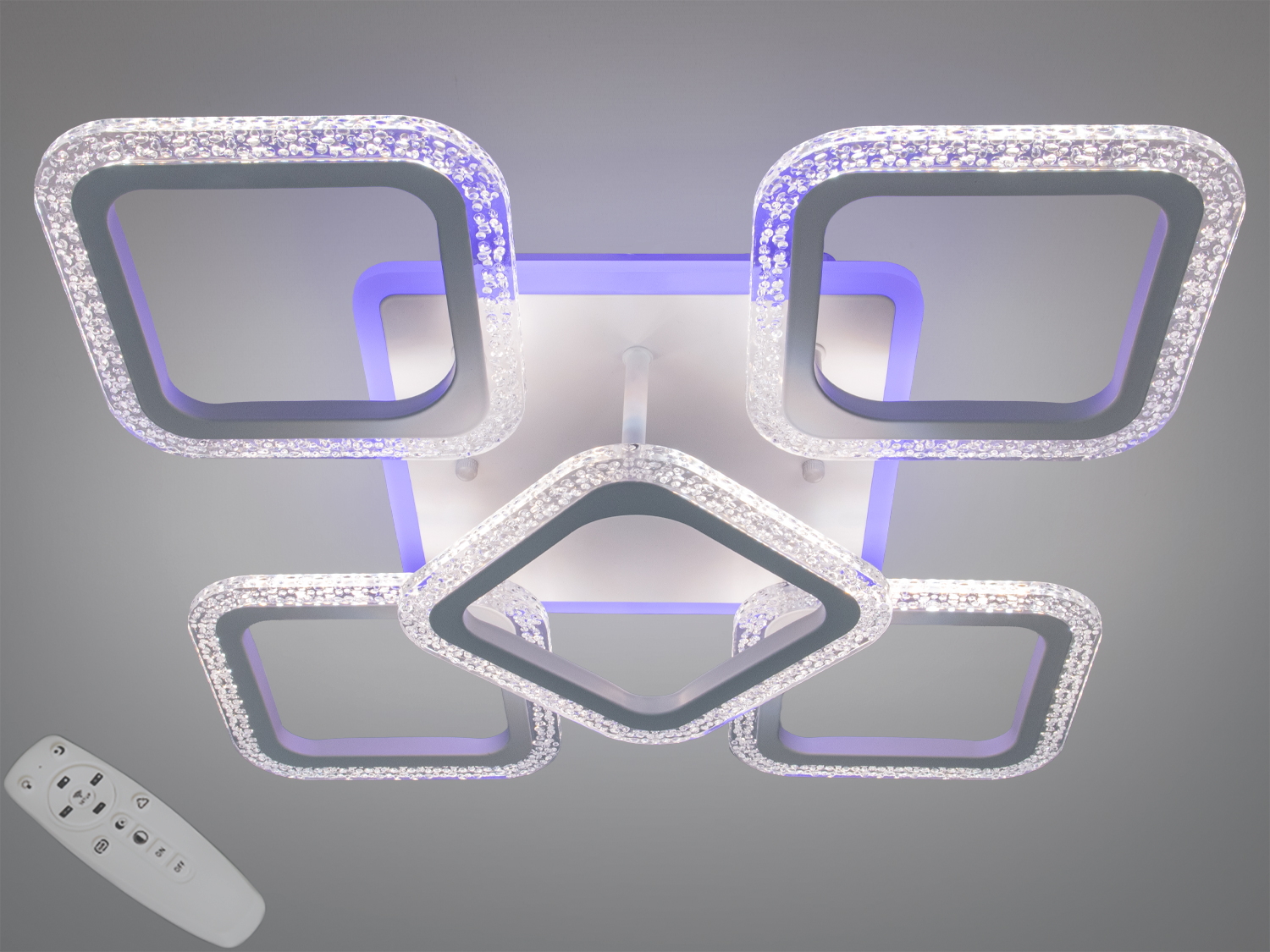 Стельова LED-люстра 70 W з пультом і димером, біла, 5 модулів, кристалічні рамки та триколірна підсвітка основи. Орієнтовно для площі до 12 м².