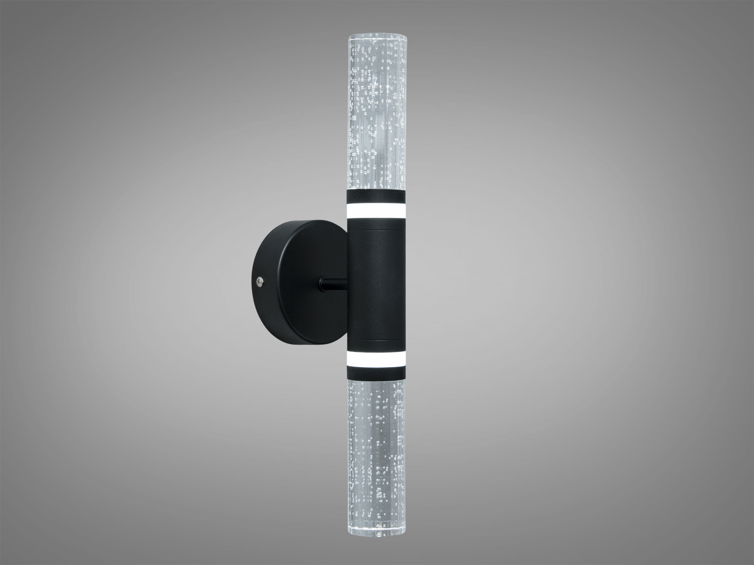 Настінний світильник з вертикальною орієнтацією, чорний корпус, прозорий акриловий плафон з бульбашками. Підходить для ванних кімнат.