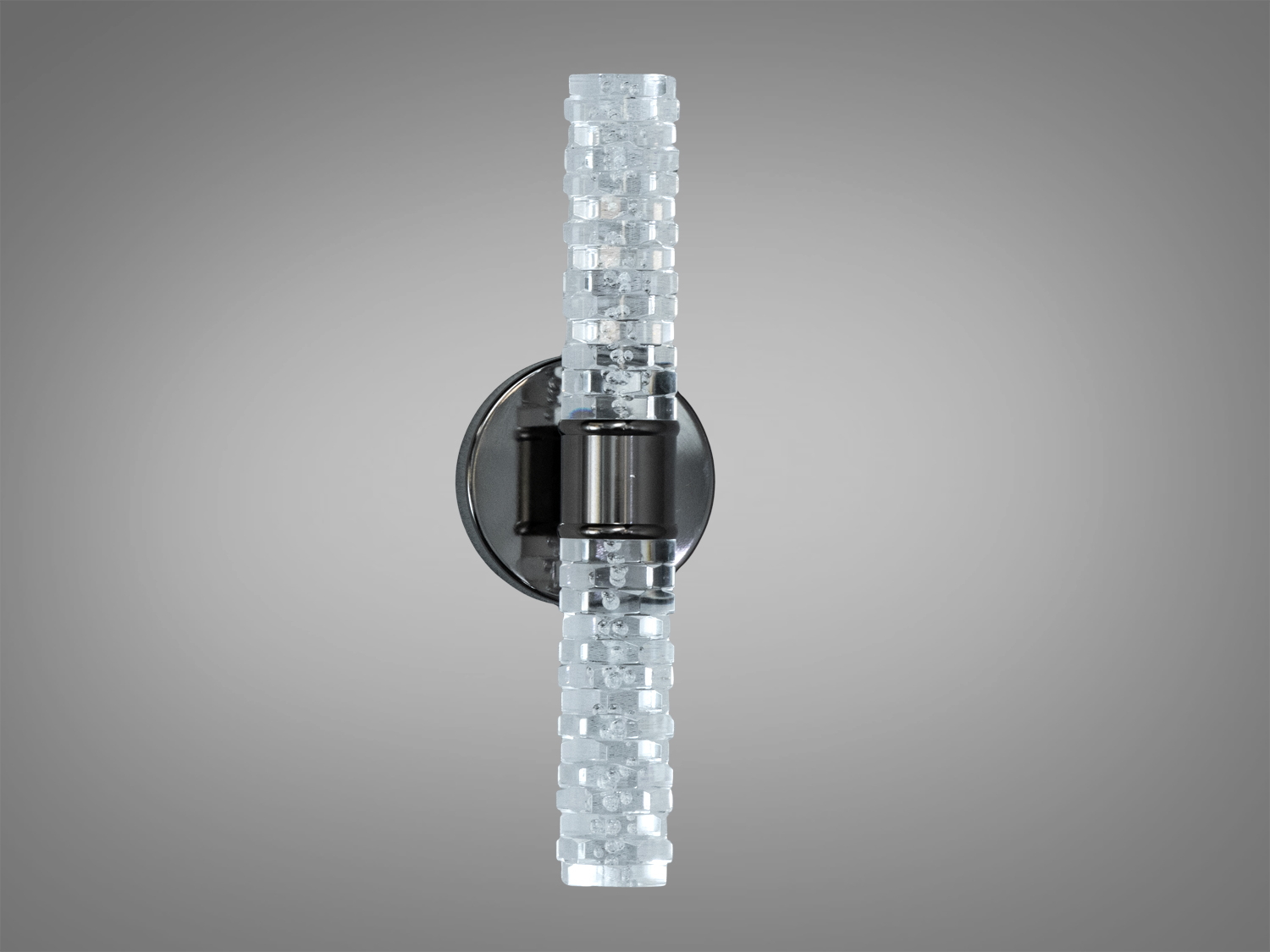 Вертикальний світильник з прозорого скла, оснащений текстурованим дизайном, кріпиться на чорний металевий тримач, підходить для коридору.