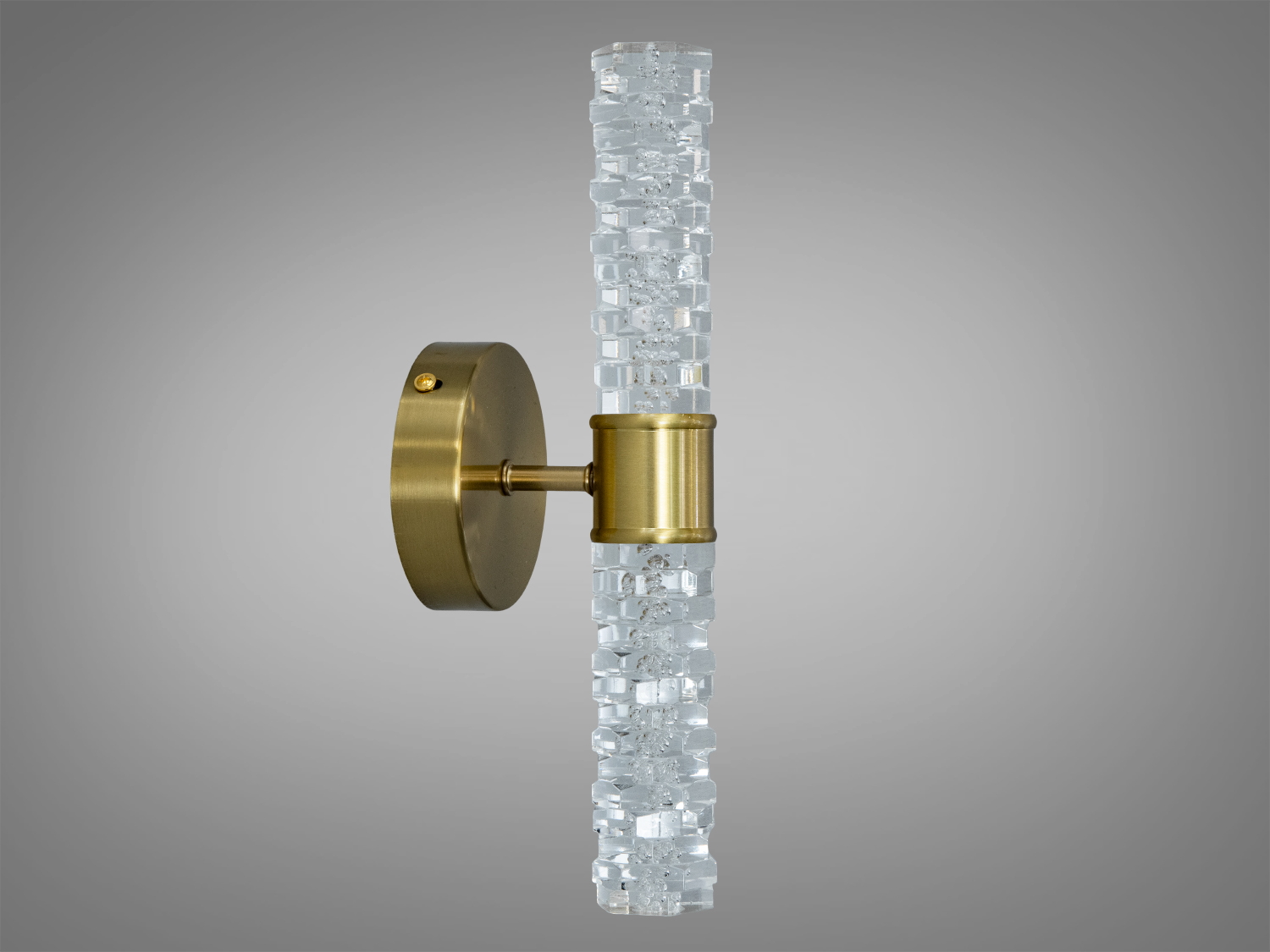 Циліндричний настінний світильник зі скла та латуні, підходить для монтажу у вітальні. Стильний елемент декору.