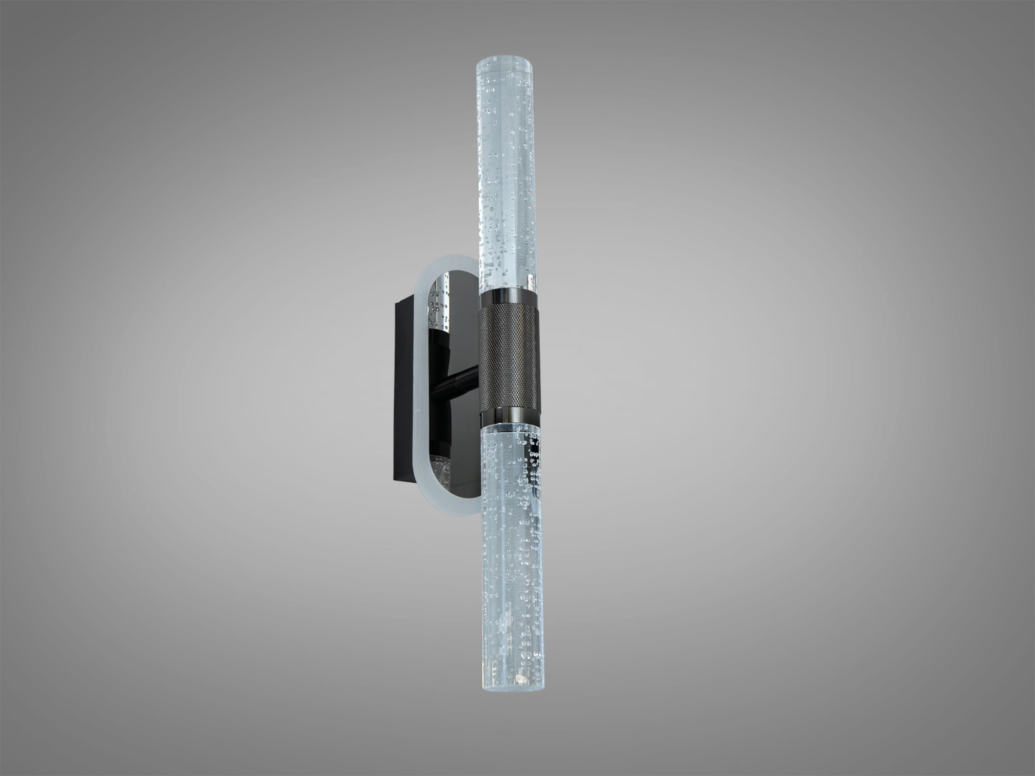 Настінний світильник з вертикальною орієнтацією, чорний корпус, прозорий акриловий плафон з бульбашками. Підходить для ванних кімнат.