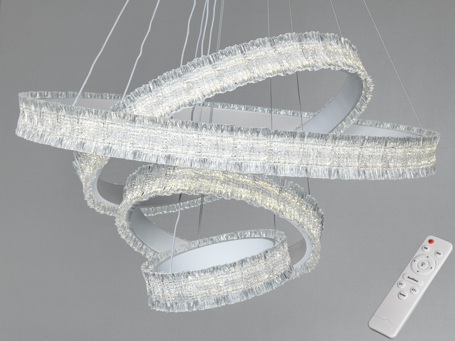 Світлодіодна підвісна люстра 140 Вт, чорна, з кришталевими кільцями та пультом. Підійде для кімнат до 25 м², сучасний дизайн і регулювання яскравості.