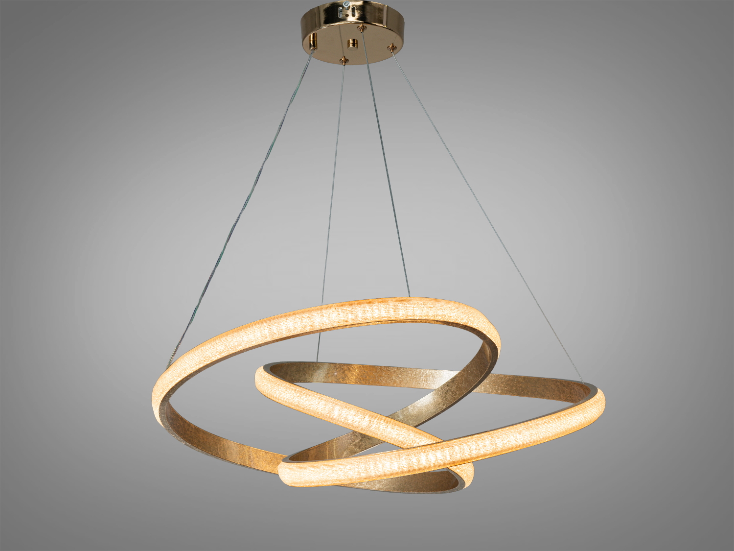 Підвісний світильник з переплетеними кільцями в формі завитків, що випромінюють тепле світло. Металевий корпус, акриловий розсіювач, підходить для затишних кімнат.
