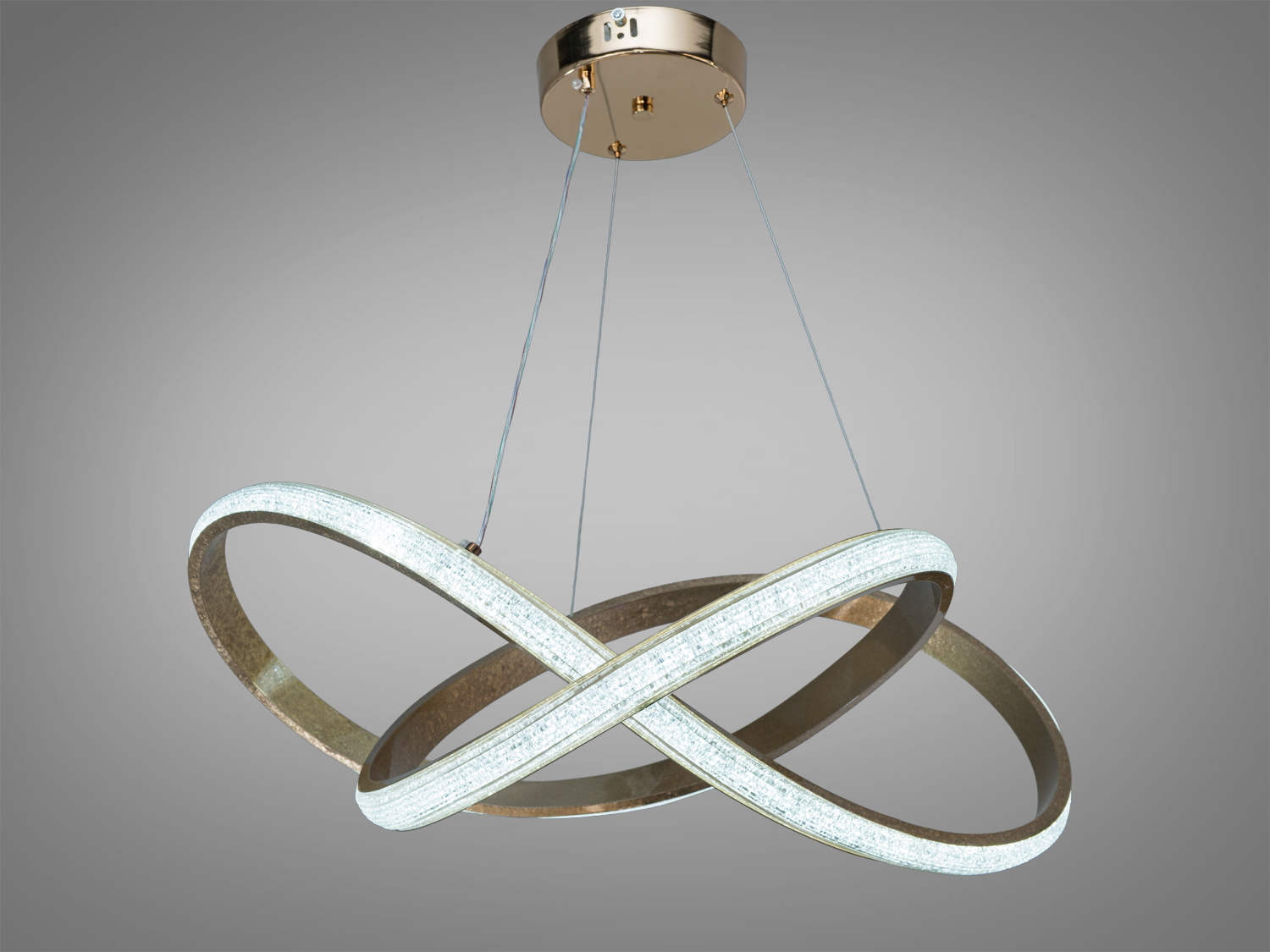 Підвісна LED люстра у формі нескінченності, золото. 75 Вт, 4125 лм, 3 режими 3200/4100/6500K, керування настінним вимикачем, регульована висота. Для кімнат до ~13 м².