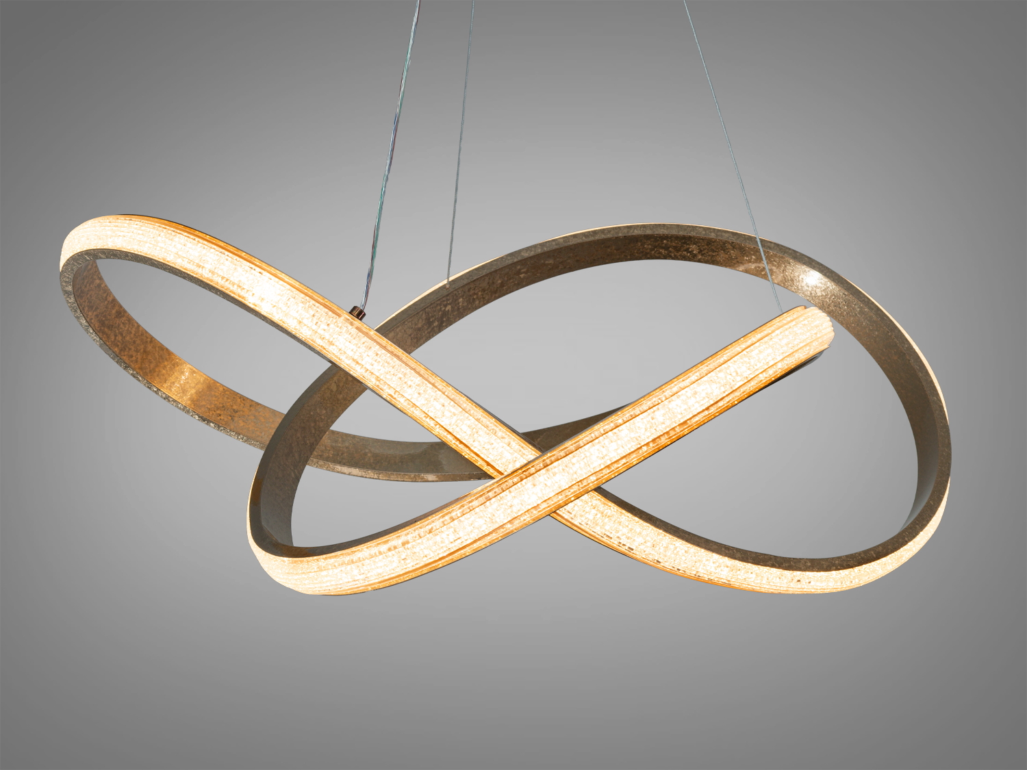 Світильник з теплим світлом у формі нескінченності, виконаний з металу, акриловим розсіювачем, ідеальний для вітальні.