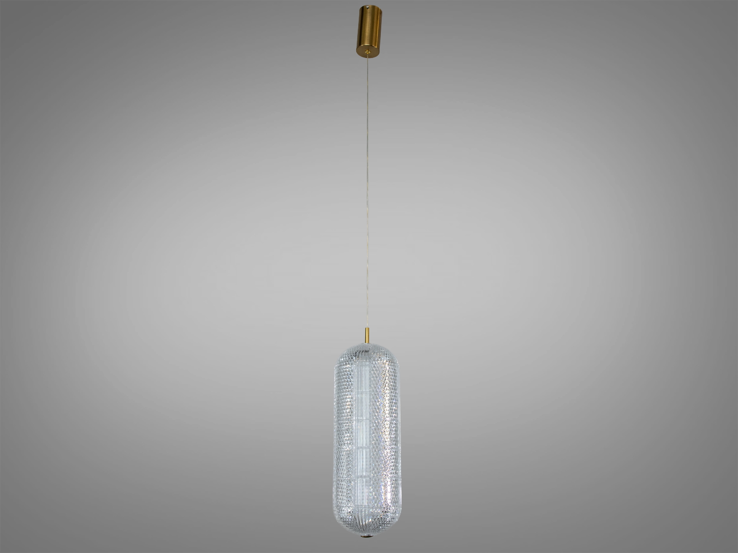 Світильник з прозорого скла з латунним кріпленням, підходить для монтажу на високих стелях.