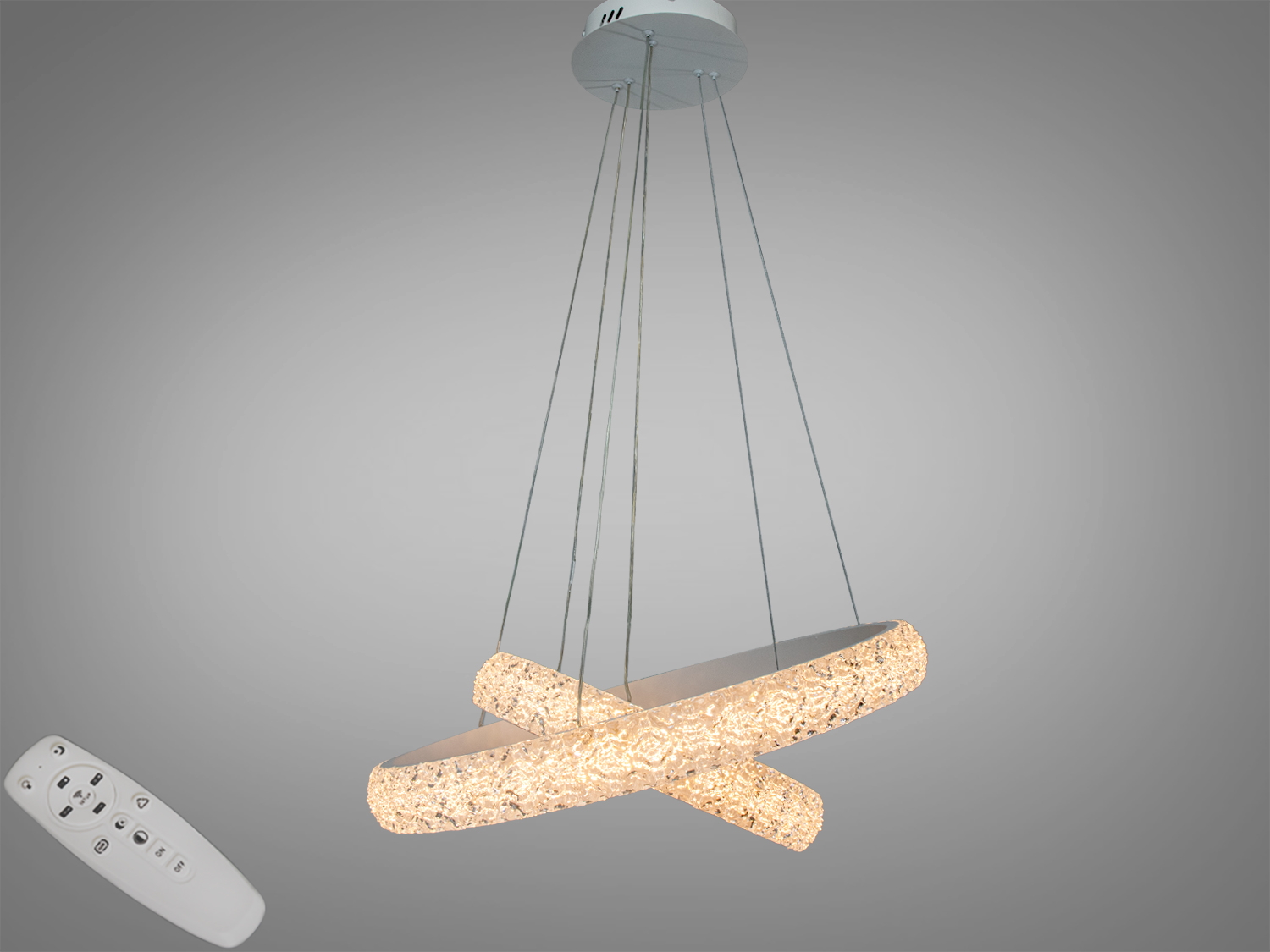 Підвісна LED-люстра Diasha, 105 W, пульт і димер. Два акрилові кільця, 5775 лм, 3200/4100/6000K, регульована висота — для кімнат до ~18 м².