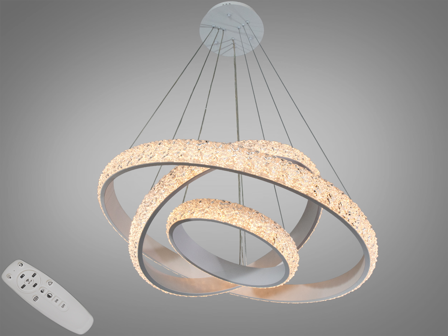 Біла підвісна LED-люстра з трьома кільцями, пультом, диммуванням і CCT. Потужність 190 Вт для освітлення площі до 32 м².