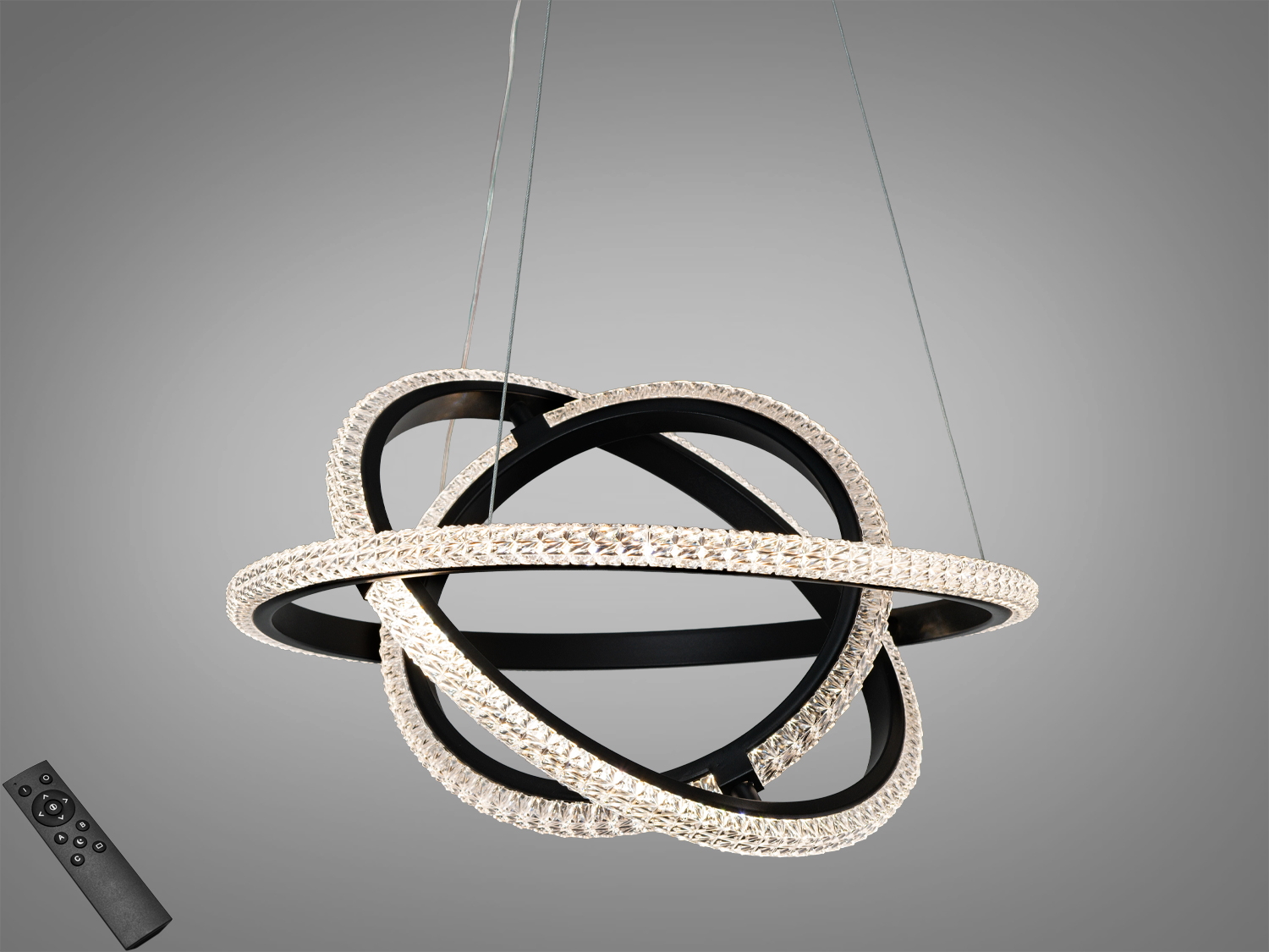 Біла підвісна LED люстра з трьома акриловими кільцями, 46 W, 2530 lm. Пульт і настінний вимикач, 3 колірні температури, регульована висота. Для кімнат до ~8 м².