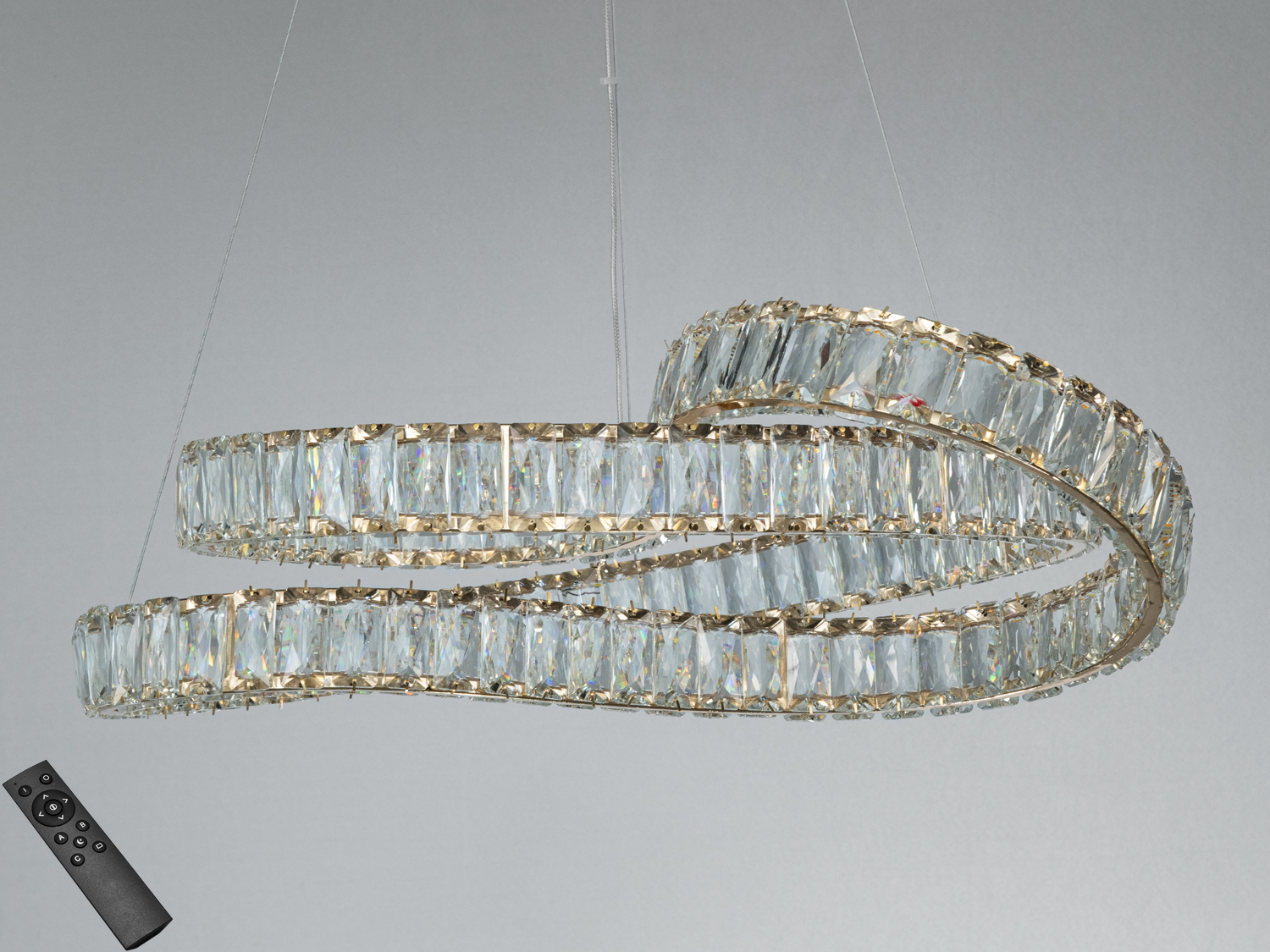 Кришталева підвісна LED-люстра Diasha у золоті, 85 Вт, для кімнат до 15 м². Пульт ДК для регулювання яскравості, підвішування на тросах, спіральний дизайн.