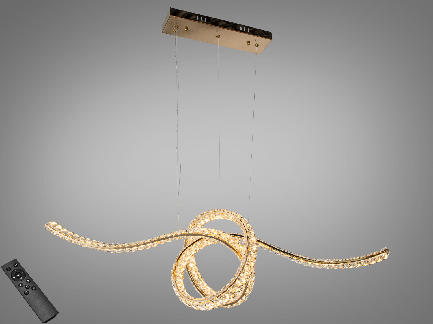 Кришталева підвісна люстра Diasha 85 Вт у золоті з пультом. Світло для кімнат до 15 м², переплетені кільця у стилі стрічки Мебіуса, метал і кришталь.