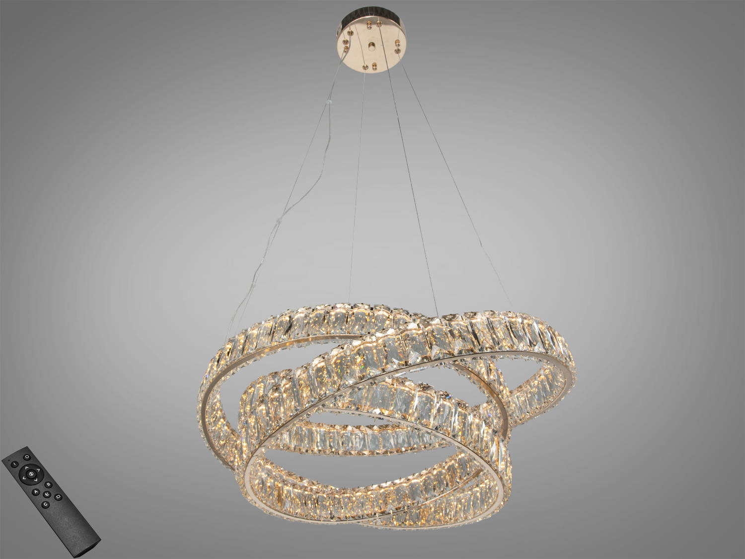 Кришталева LED підвісна люстра 92 Вт у золоті з пультом для кімнат до 16 м²: регулювання яскравості та підвіс на тросах.