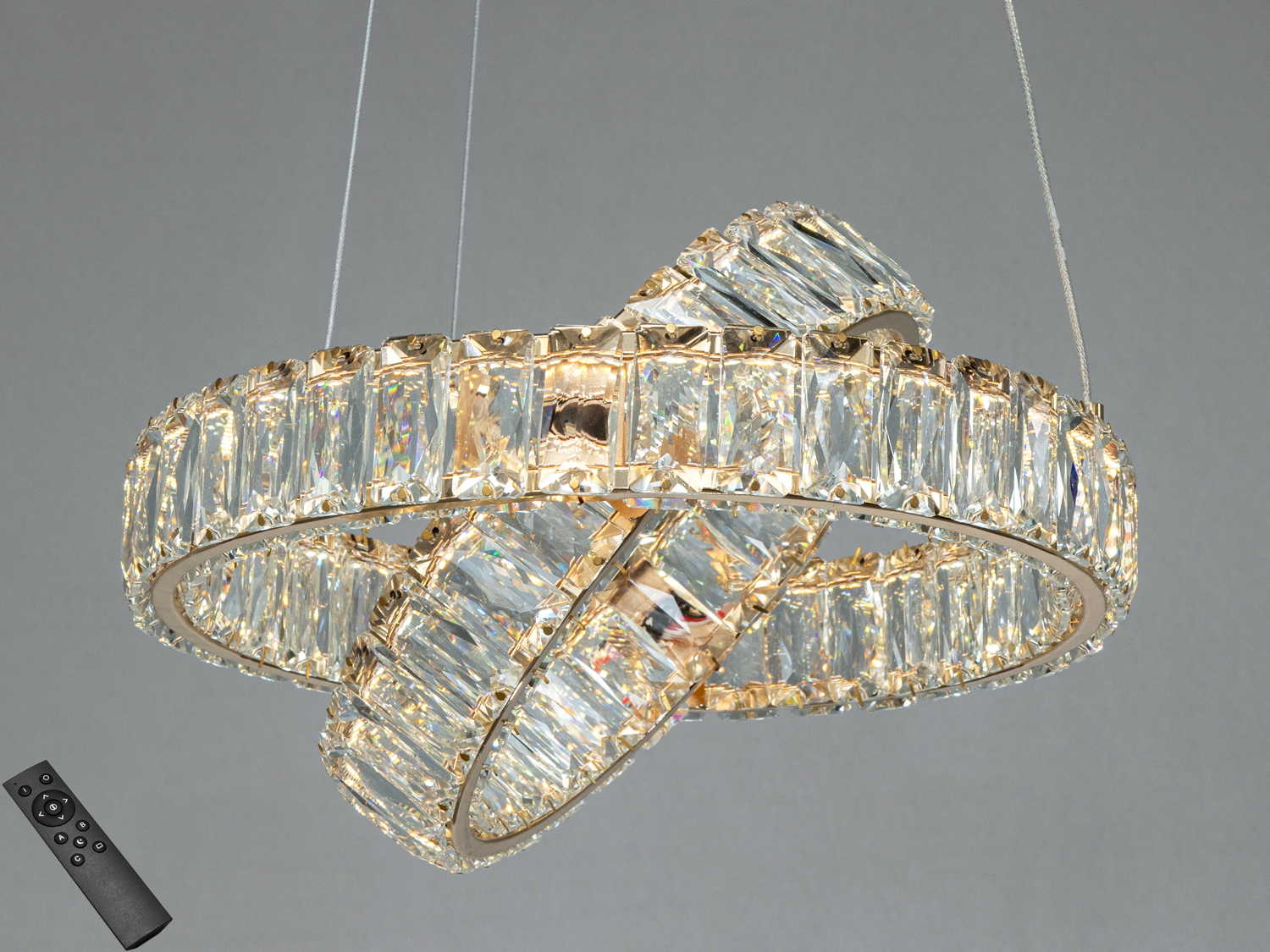 Кришталева підвісна люстра Diasha у золоті, 2 кільця, LED 50 Вт. Пульт ДК для регулювання яскравості. Підходить для кімнат до 10 м².