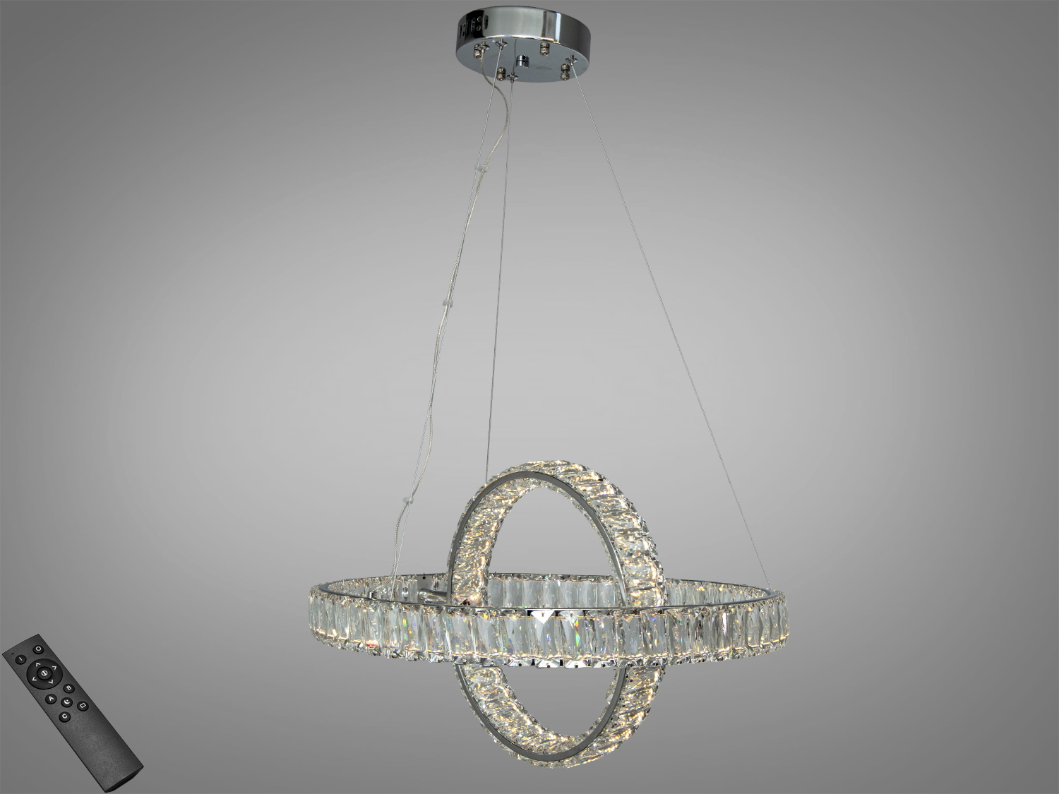 Кришталева LED люстра з двома кільцями, 88 Вт, хром. Яскравість регулюється з пульта. Рекомендовано для кімнат до 15 м².