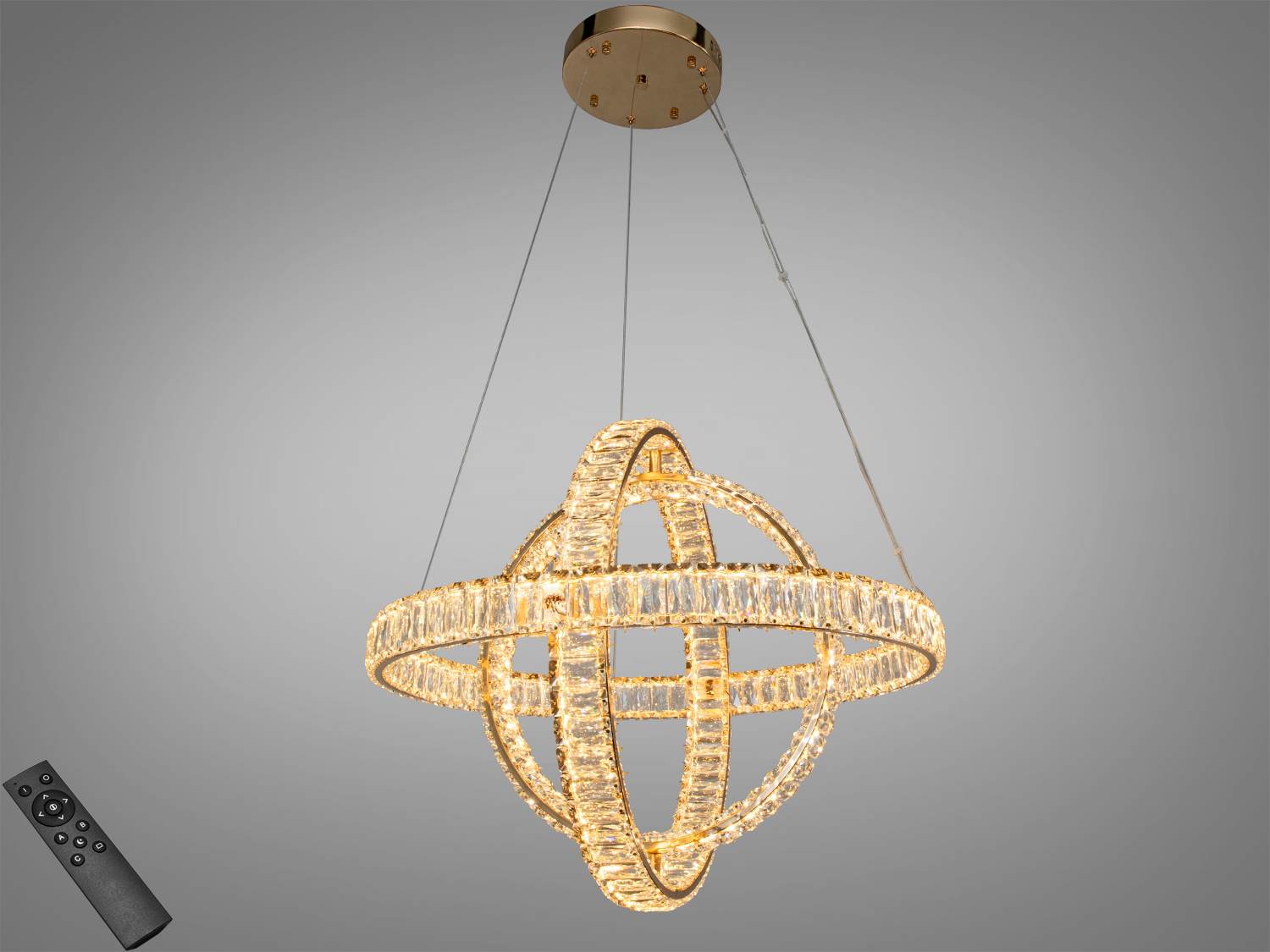 Кришталева LED-люстра у кольорі золото: 3 кільця, пульт ДК, потужність 125 Вт. Підходить для освітлення площі до 21 м² у сучасних інтер’єрах.