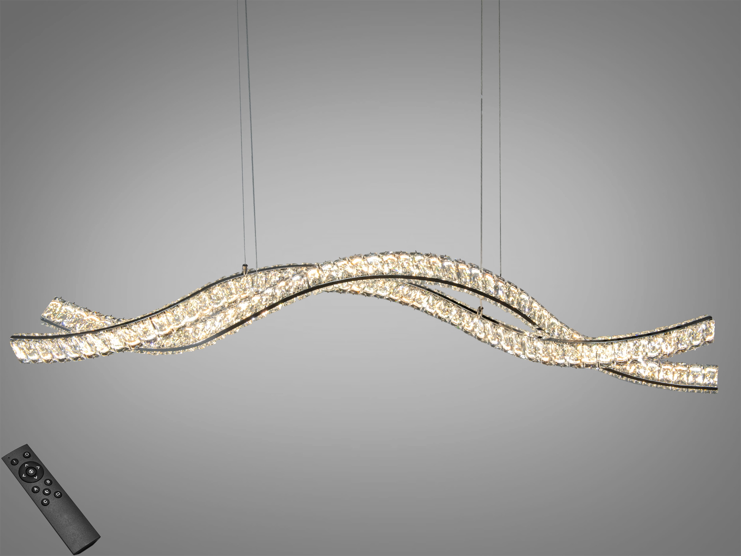 Підвісний світильник з хвилястими лініями, що підкреслюють сучасний дизайн. Оснащений пультом керування для зручності використання.