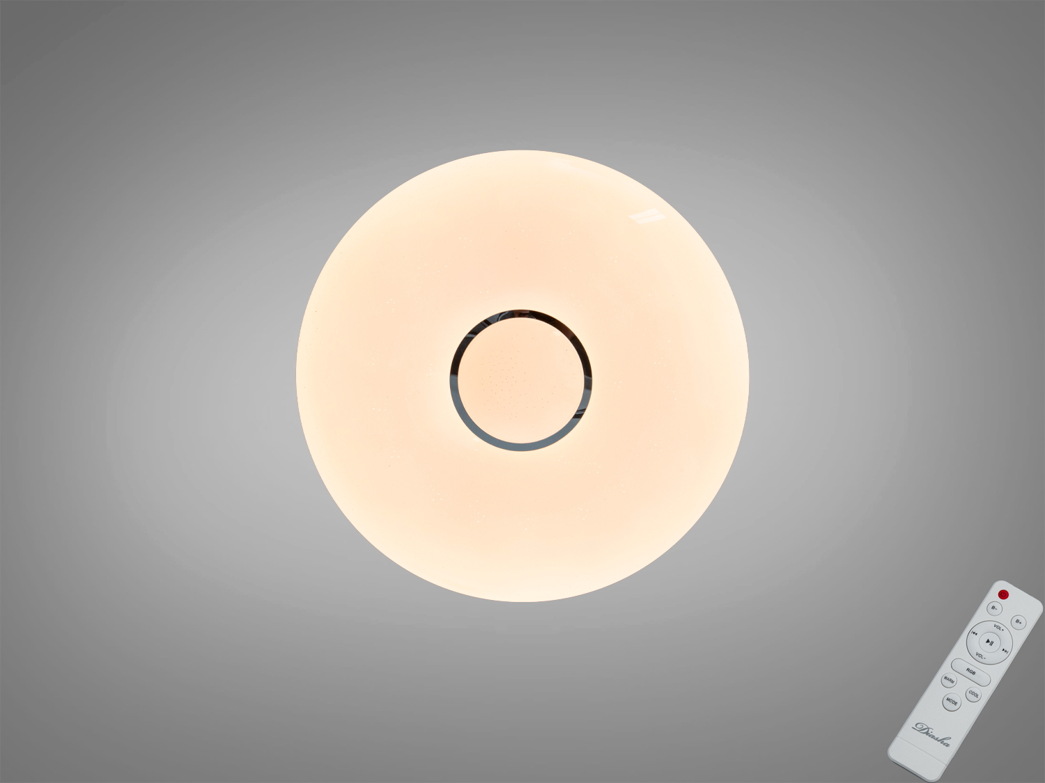 Кругла стельова лампа з теплим світлом, оснащена пультом дистанційного керування для зручного регулювання яскравості.