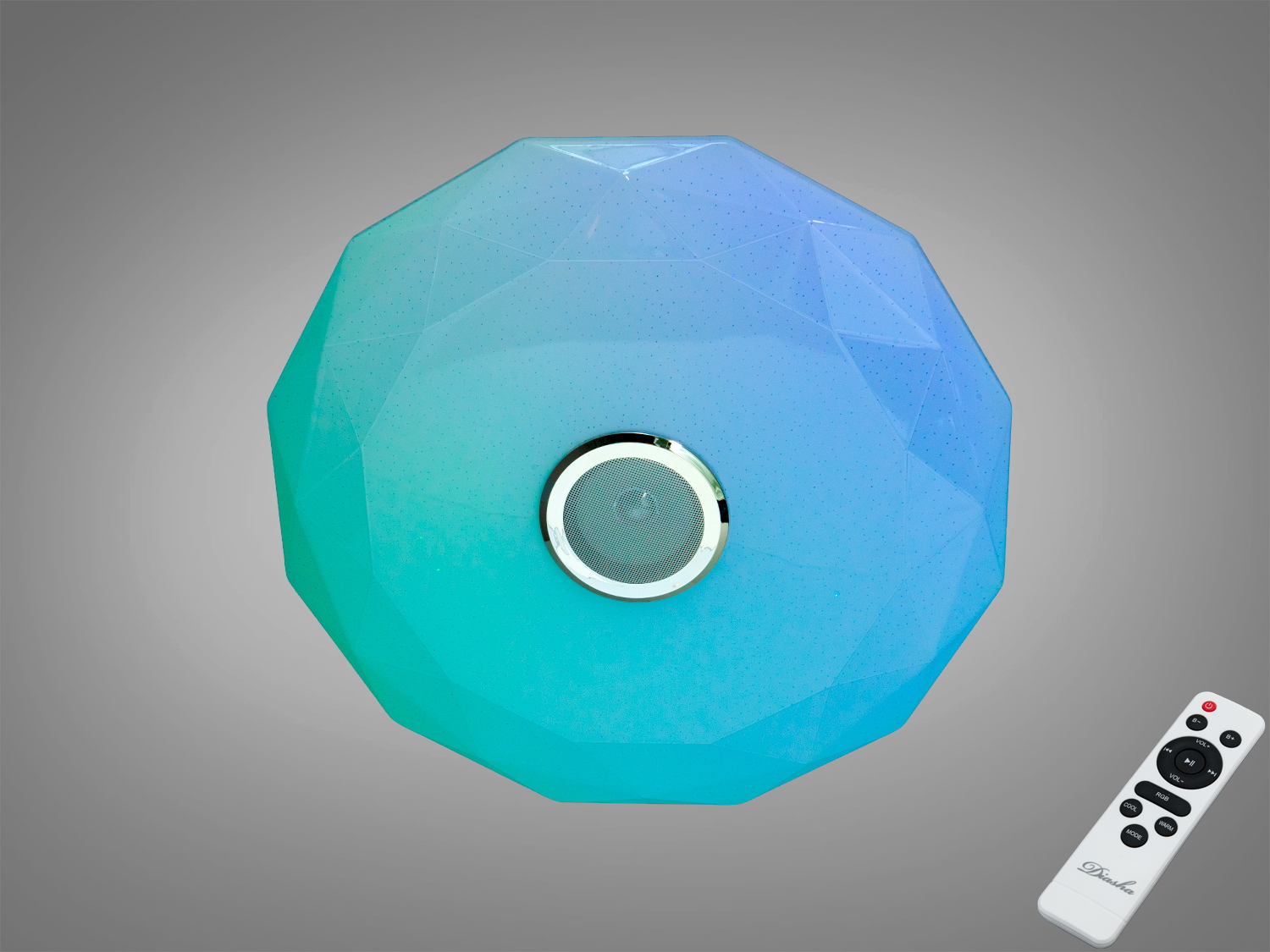 Світильник з пультом, багатогранна форма, плавний перехід кольорів від зеленого до синього. Призначений для сучасних інтер′єрів.