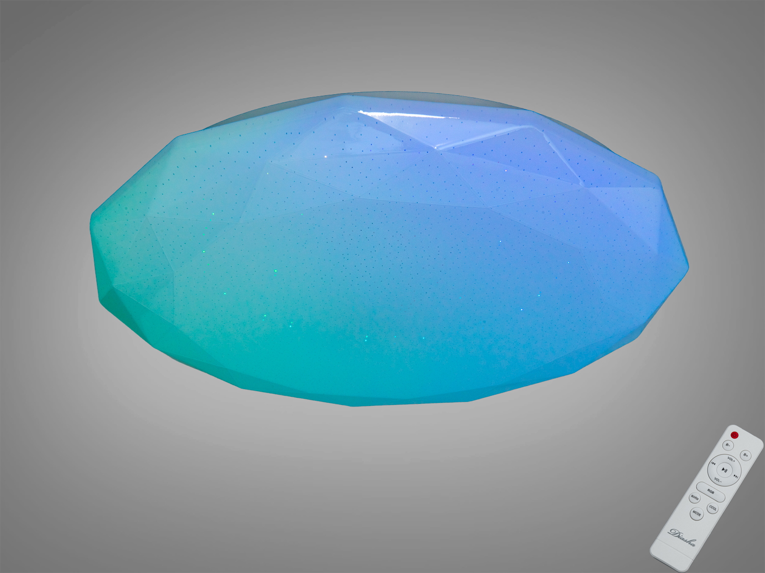 Світильник овальної форми з пультом дистанційного керування, призначений для стельового монтажу. Має градієнтний синьо-зелений колір.