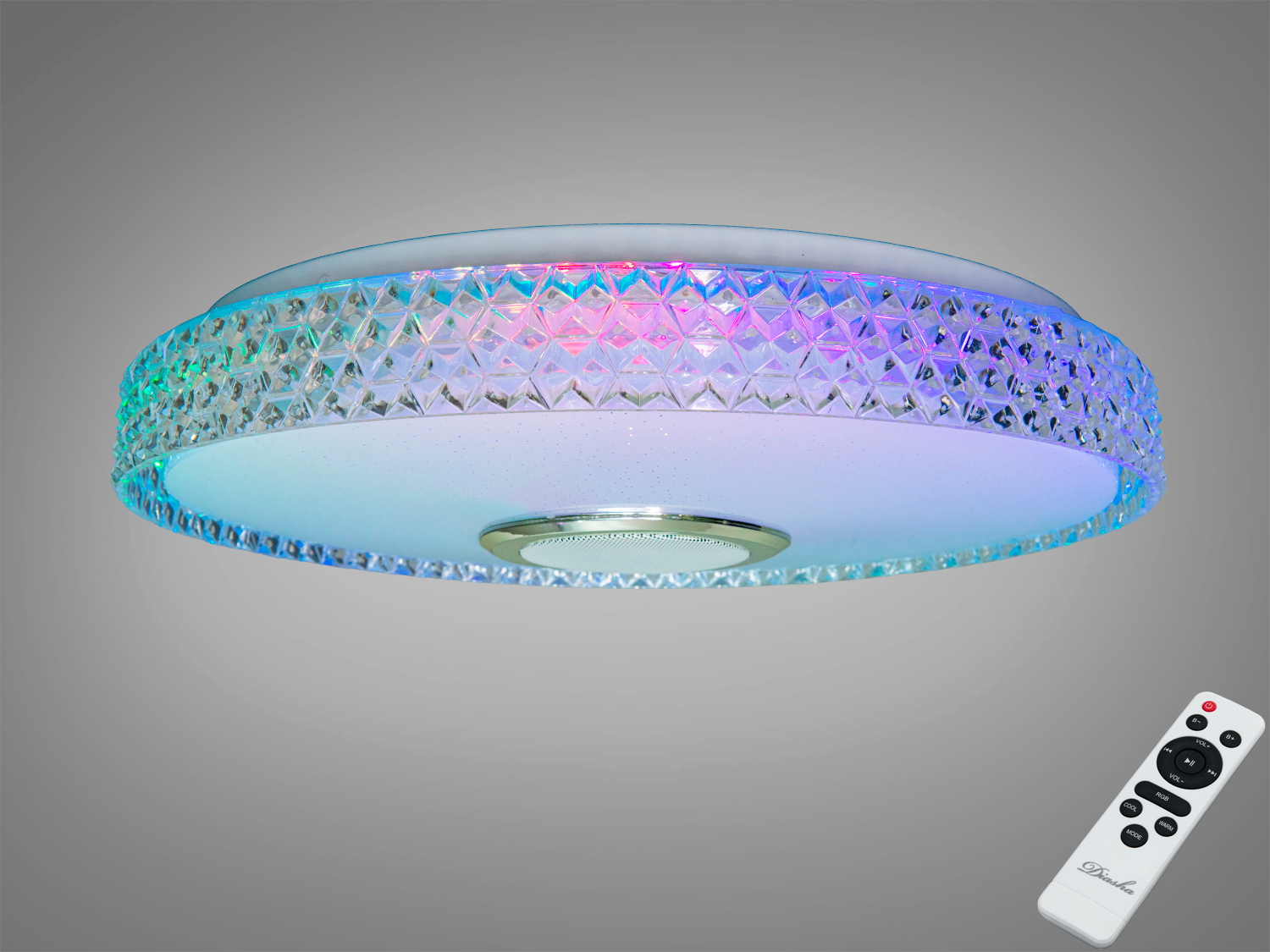 Кругла стельова лампа з кольоровими LED-сегментами, що змінюють відтінки. Пульт дистанційного керування для зручного налаштування світла.
