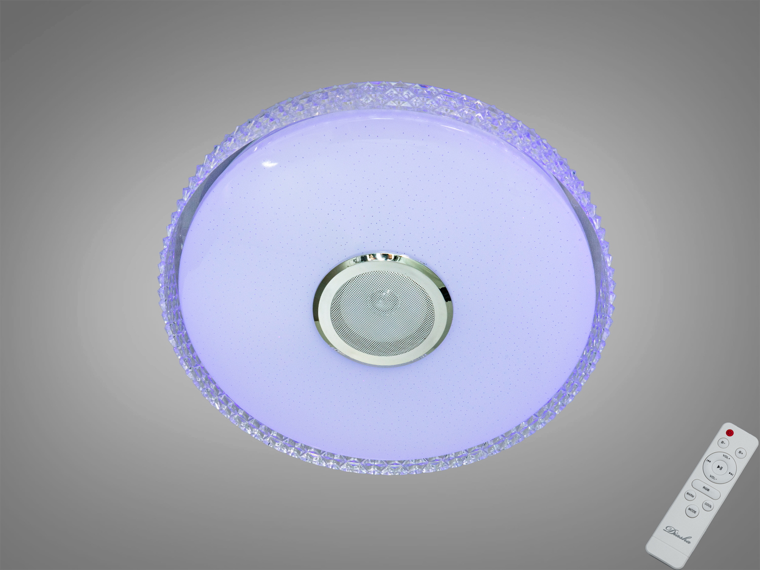 Кругла стельова лампа з теплим світлом, оснащена пультом керування. Ідеально підходить для сучасного інтер′єру.