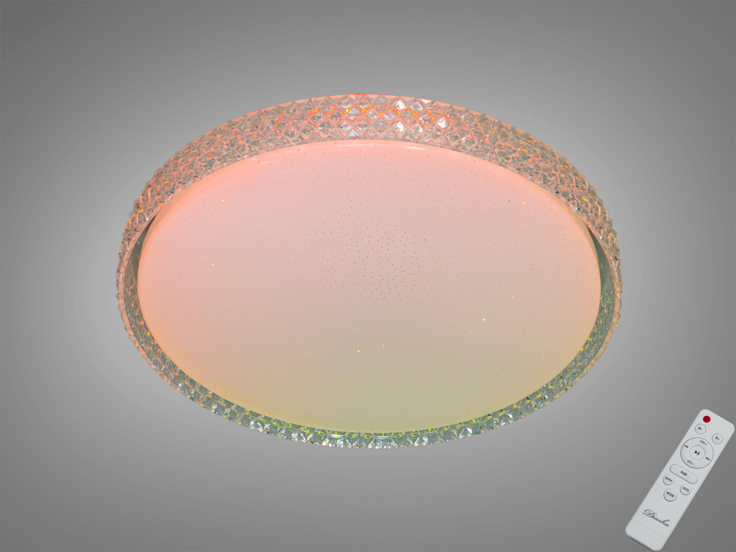 Кругла стельова лампа з білим світлом, оснащена дистанційним керуванням. Підходить для сучасного інтер′єру.