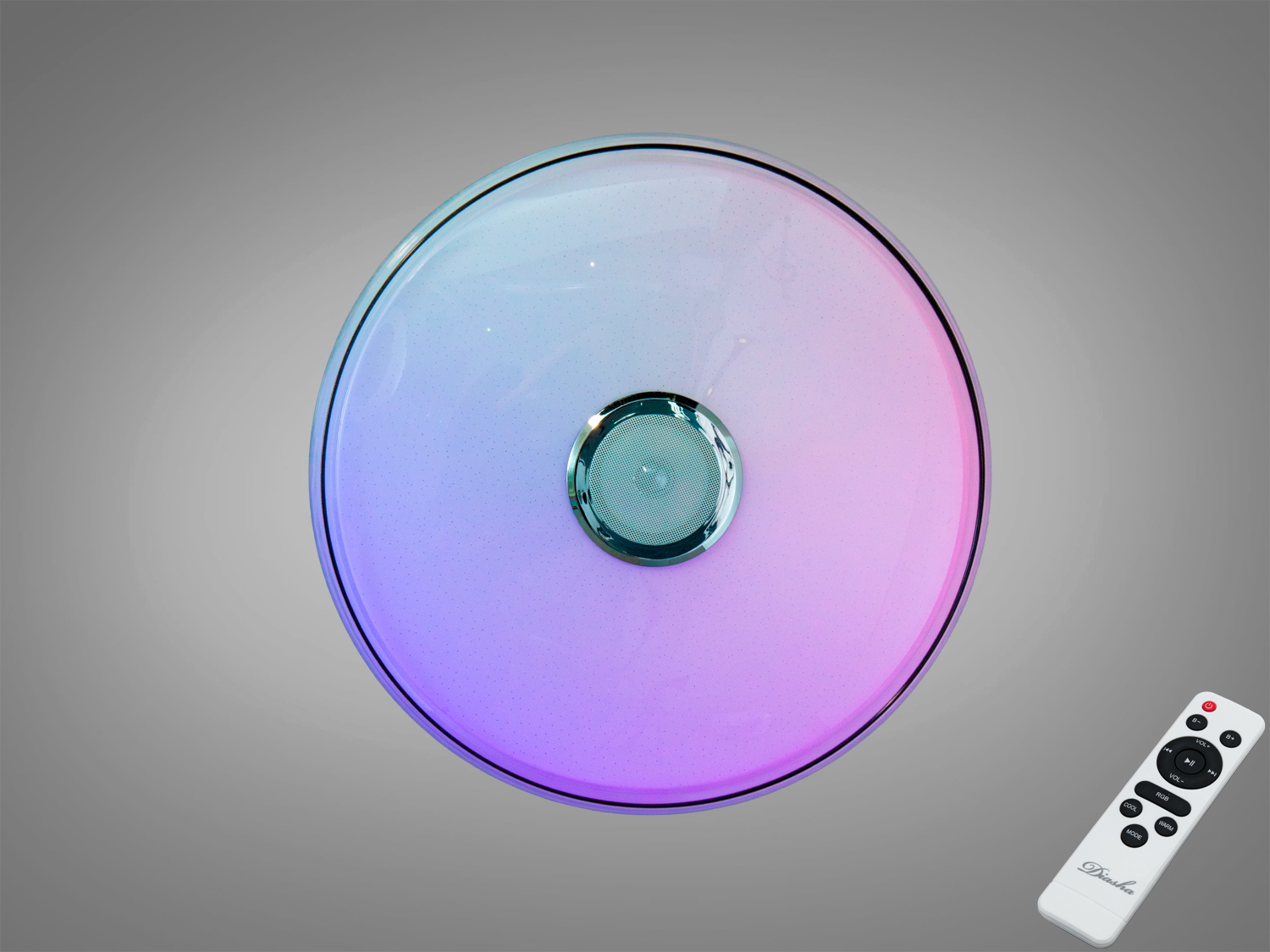 Кругла стельова лампа з дистанційним керуванням, що змінює кольори. Підходить для сучасного інтер′єру, створює атмосферне освітлення.