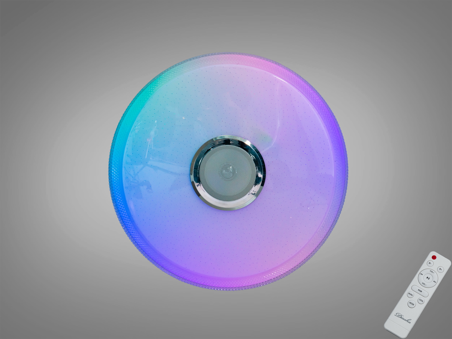 Кругла світлодіодна лампа з пультом, переливається кольорами. Підходить для сучасного інтер′єру, легкий монтаж на стелю.