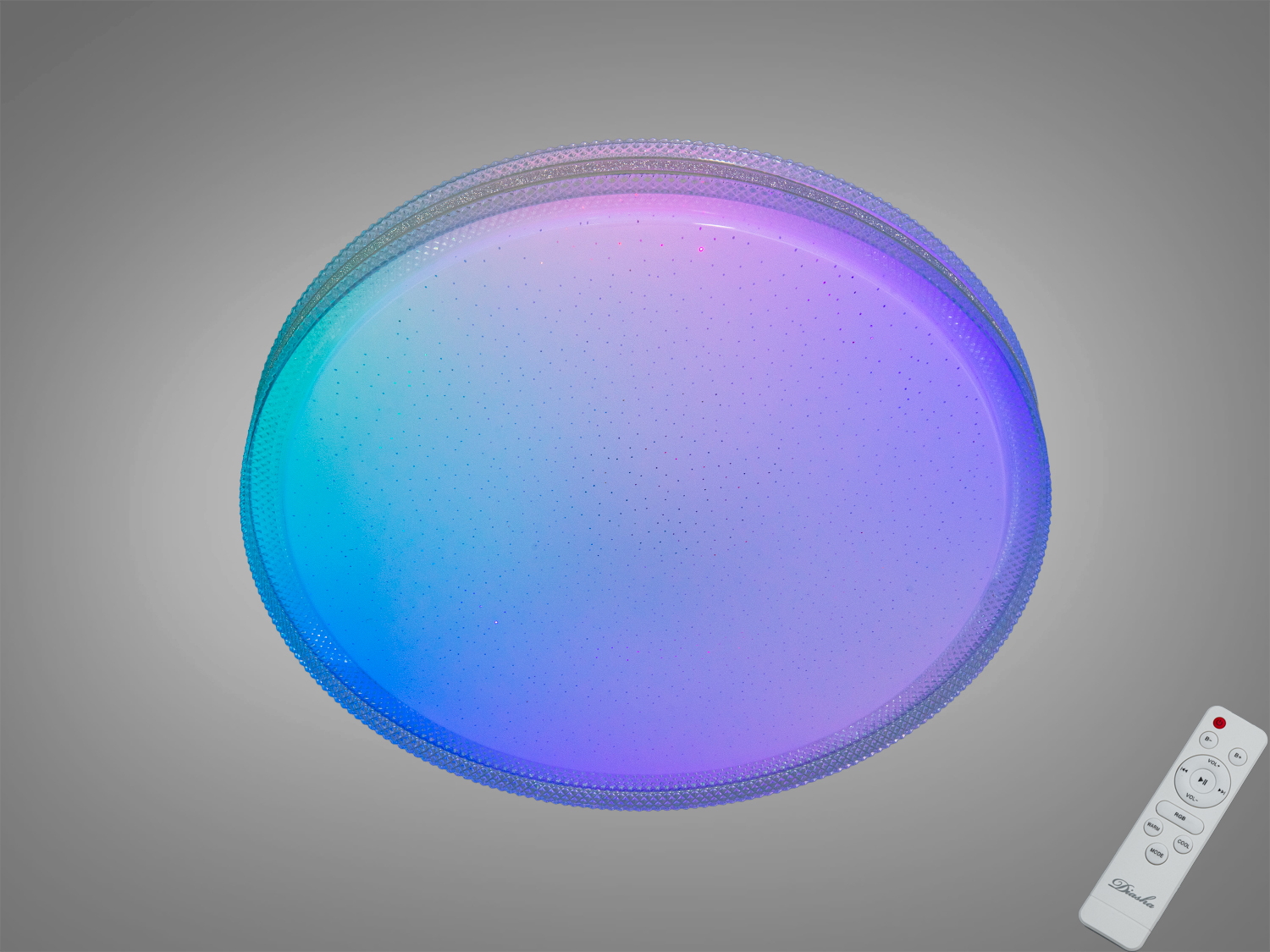Кругла стельова лампа з дистанційним керуванням, що переливається різними кольорами, підходить для сучасного інтер′єру.