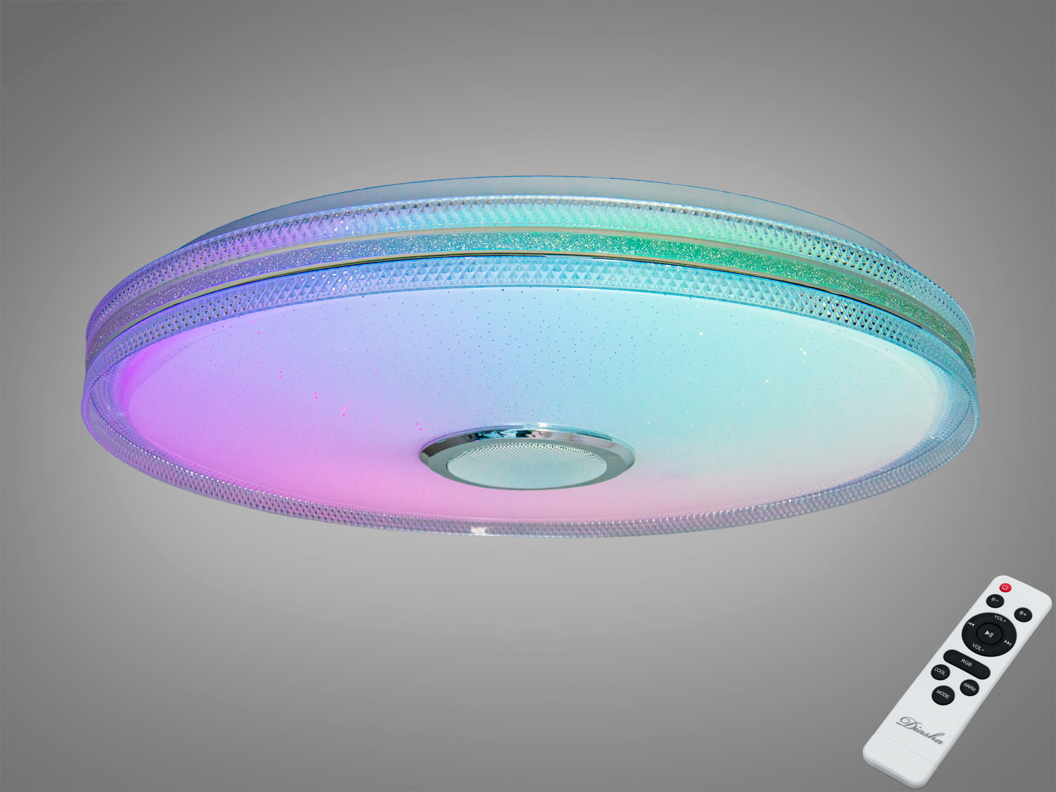 Кругла стельова лампа з дистанційним керуванням, що змінює кольори. Призначена для сучасних інтер′єрів з можливістю регулювання яскравості.