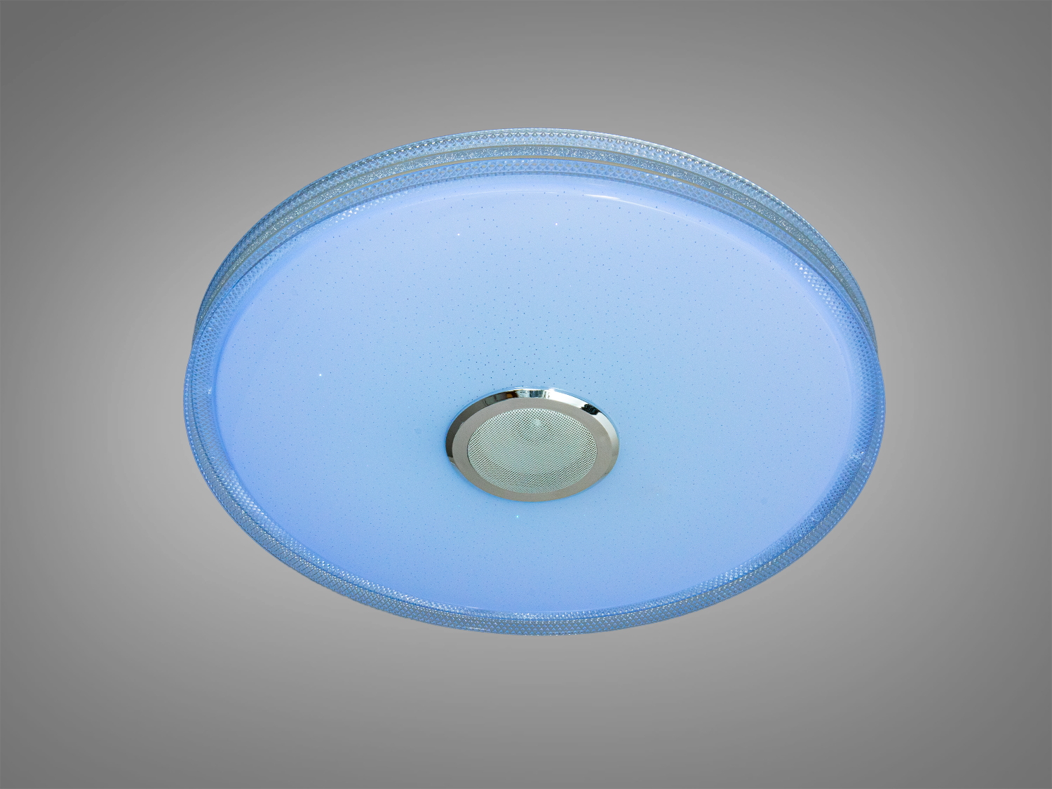 Стельова лампа з рівномірним блакитним світлом, круглої форми. Підходить для монтажу в спальні або вітальні.