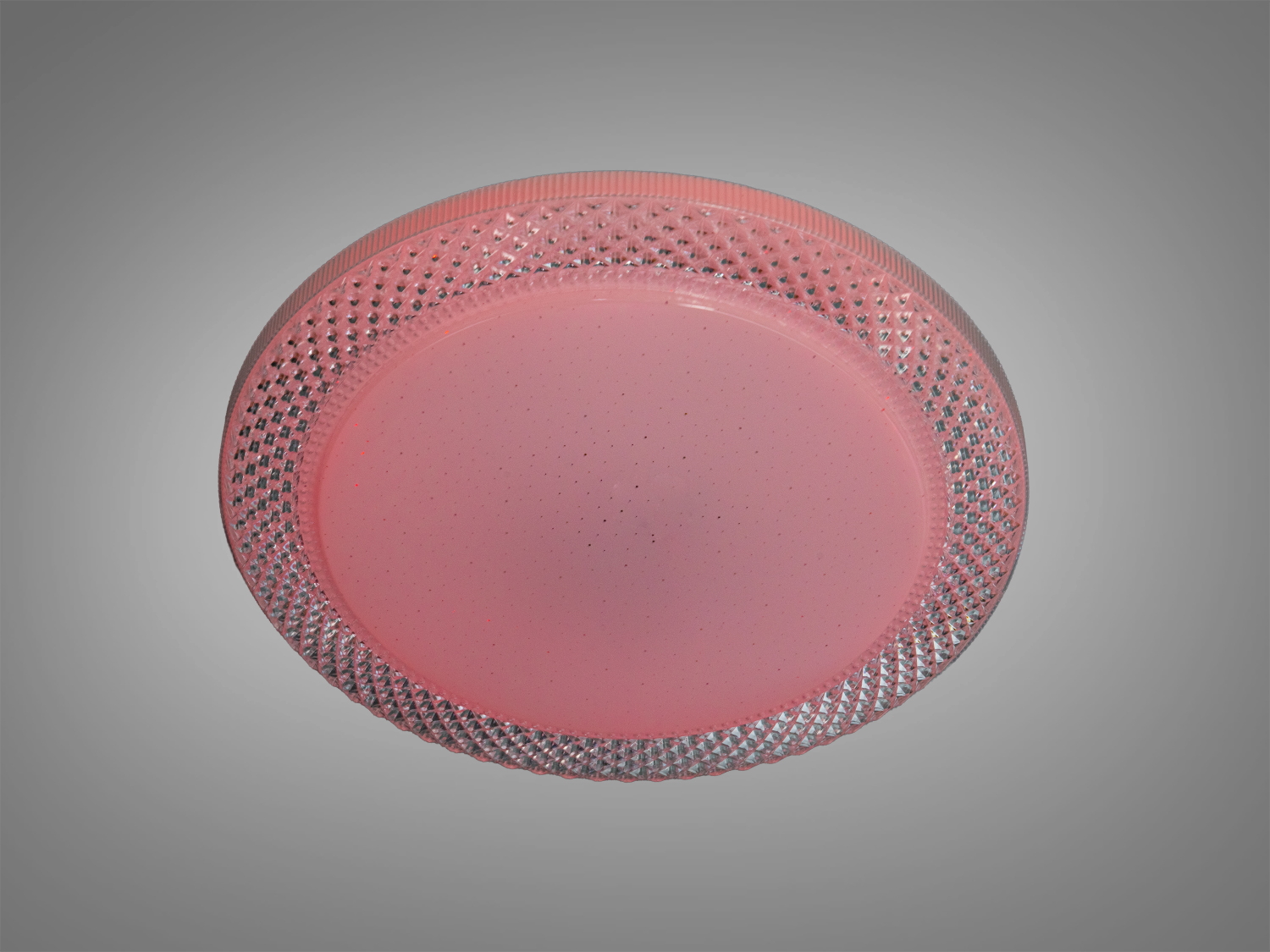 Кругла стельова лампа з фіолетовим світлом, підходить для декоративного освітлення.