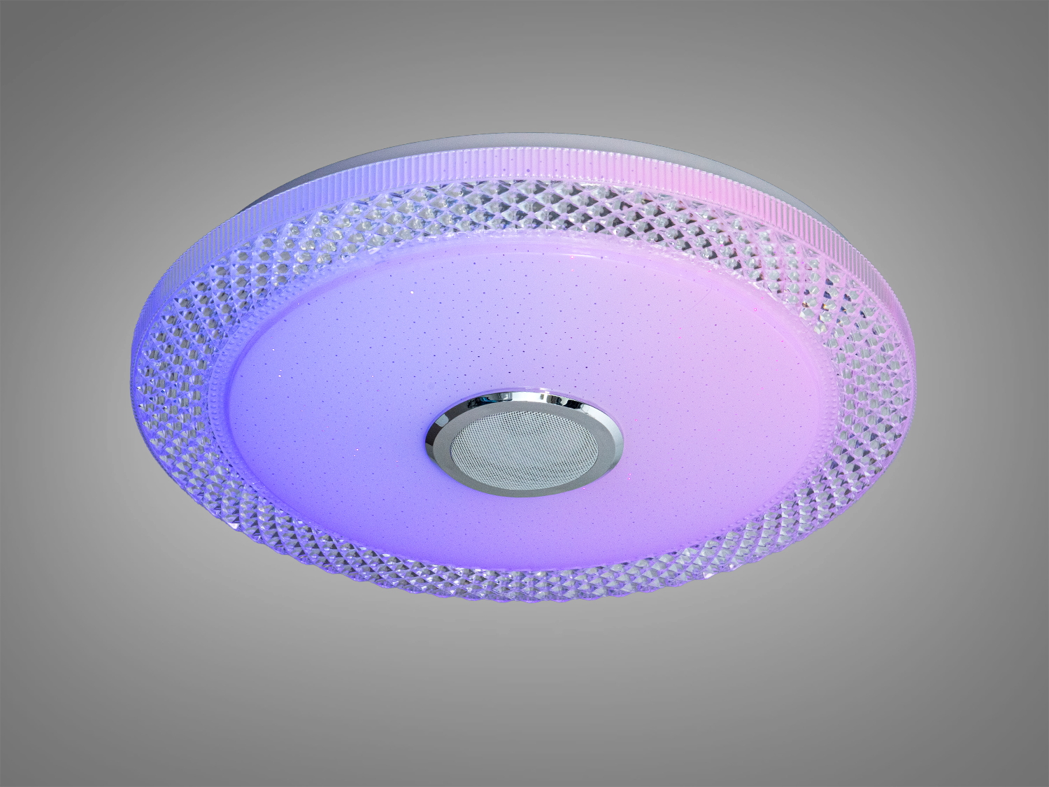 Кругла стельова лампа з фіолетовим світлом, має кристалічний обідок і підходить для сучасного інтер′єру.