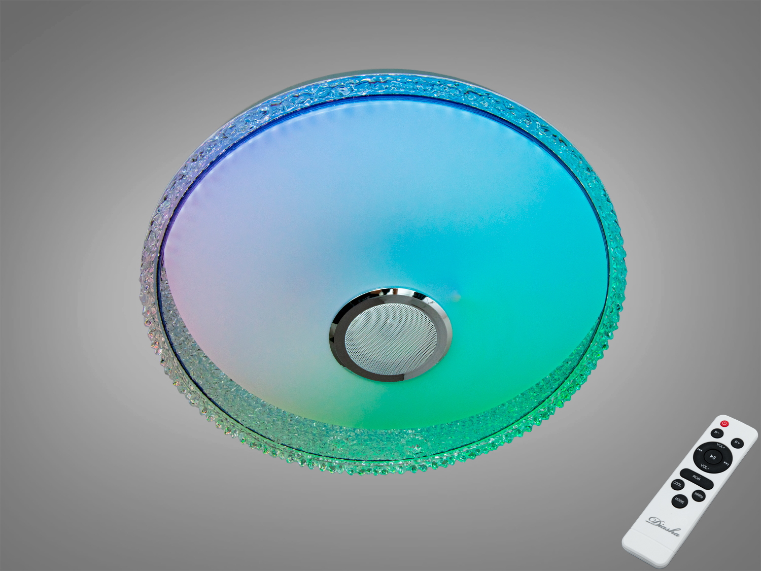 Кругла стельова лампа з кольоровим підсвічуванням та дистанційним керуванням. Має декоративний край з кристалів, підходить для сучасних інтер′єрів.