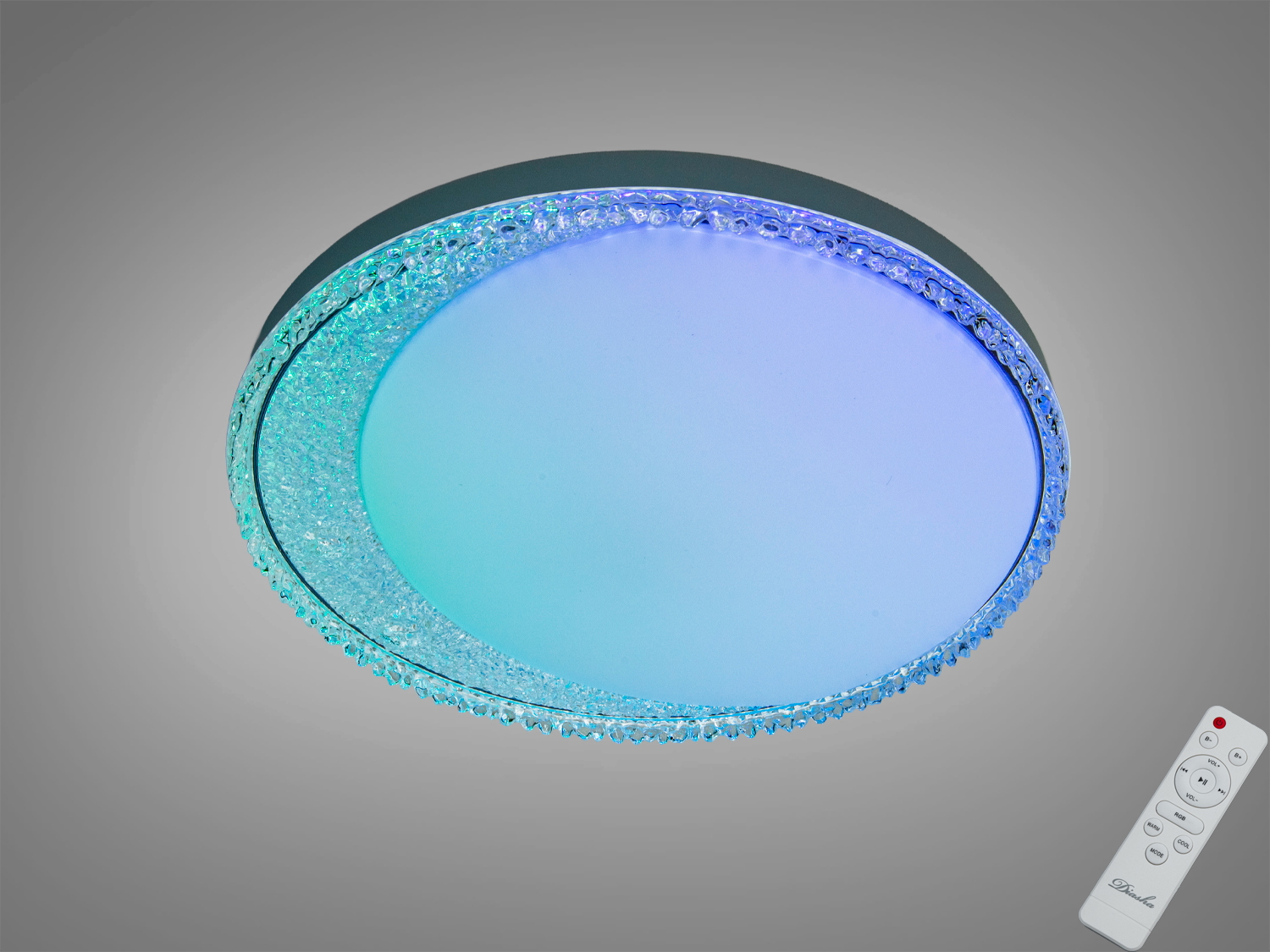 Кругла стельова лампа з дистанційним керуванням, має кристалічний обідок, що підсвічується блакитним світлом, підходить для сучасних інтер′єрів.