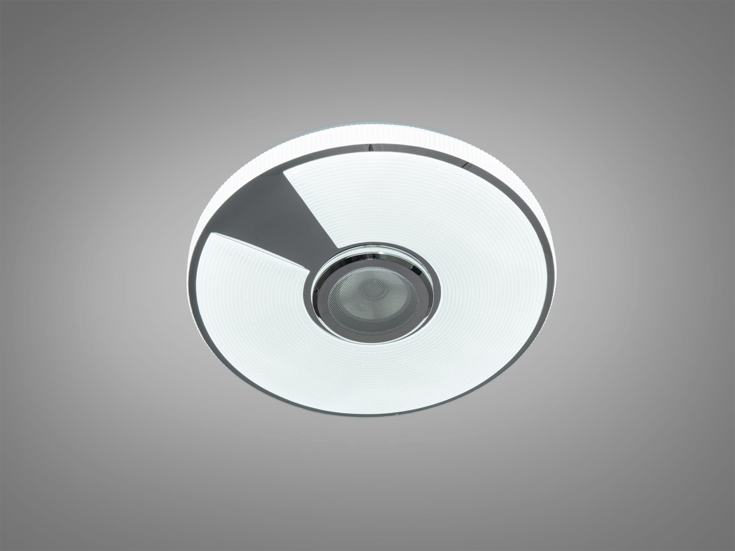 Вид зверху на круглий світильник з вбудованим динаміком, що забезпечує 360-градусне освітлення. Ідеально підходить для просторих кімнат.