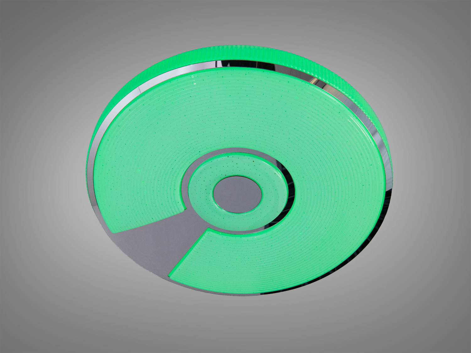 Кругла стельова лампа з зеленим світлом, прикрашена сріблястими деталями. Ідеально підходить для стильних інтер′єрів з пультом керування.