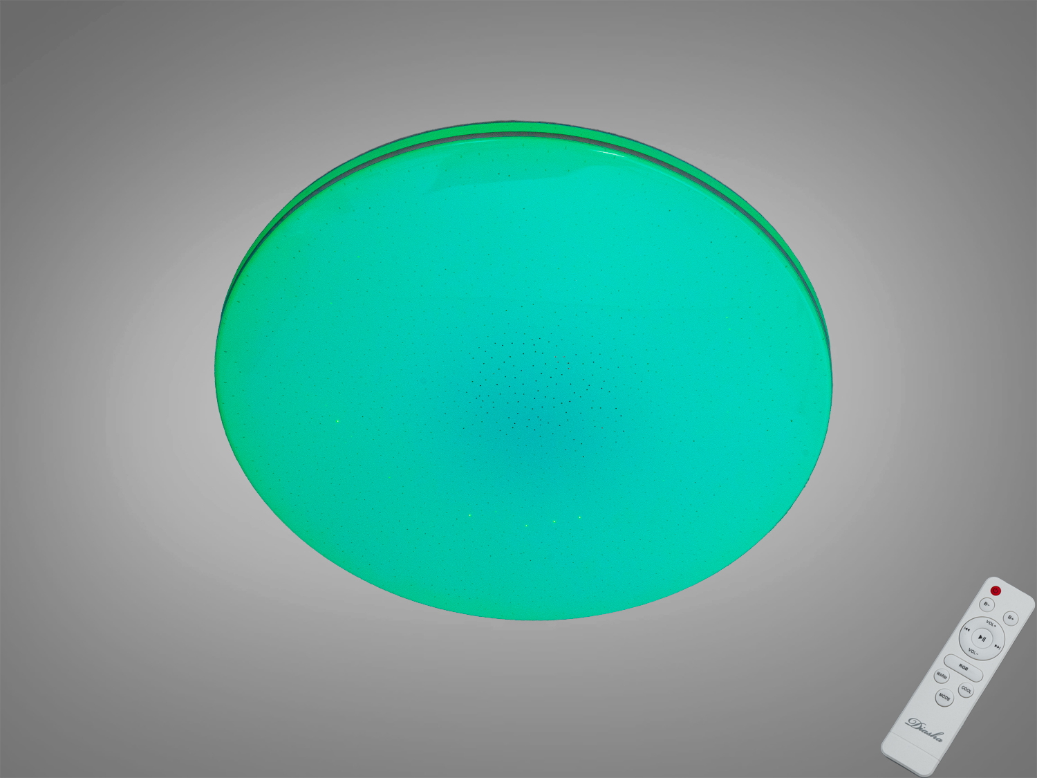 Кругла стельова лампа з зеленим світлом, оснащена пультом дистанційного керування для зручного налаштування яскравості та режимів освітлення.