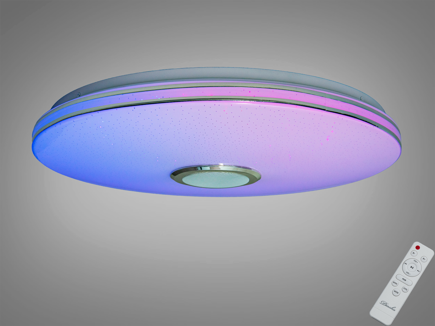 Світильник з круглою формою, оснащений пультом дистанційного керування, що дозволяє змінювати кольори підсвітки для створення різних атмосфер.