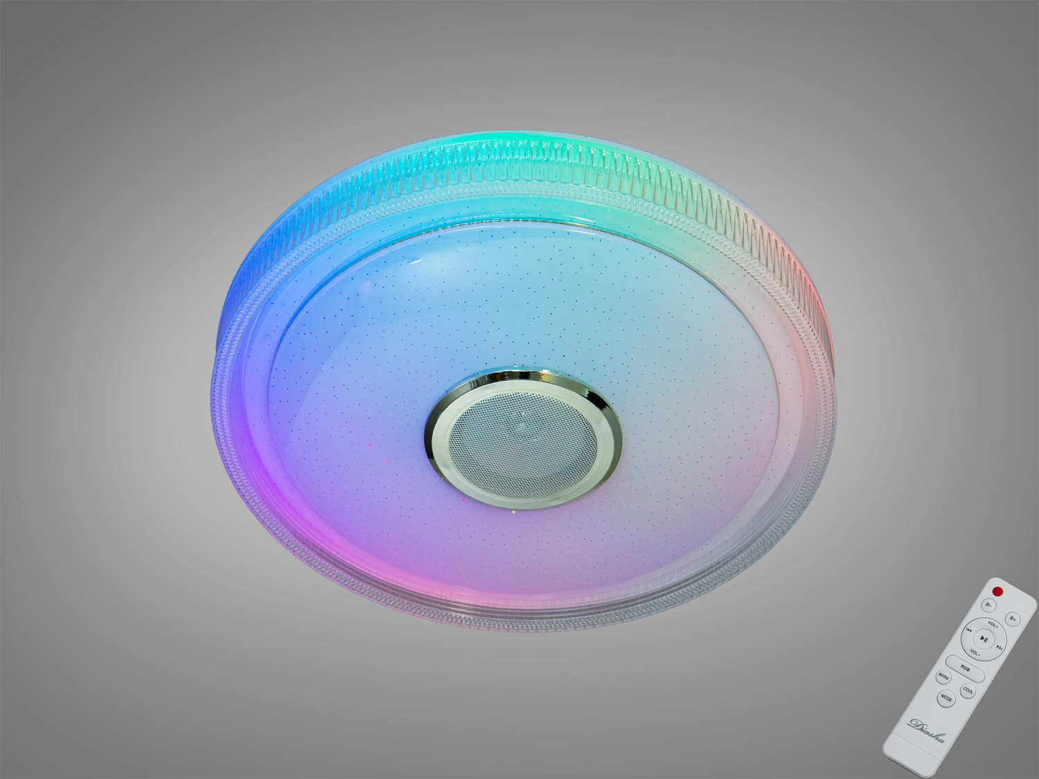 Кругла стельова лампа з кольоровим підсвічуванням, оснащена пультом дистанційного керування для зручної зміни режимів освітлення.