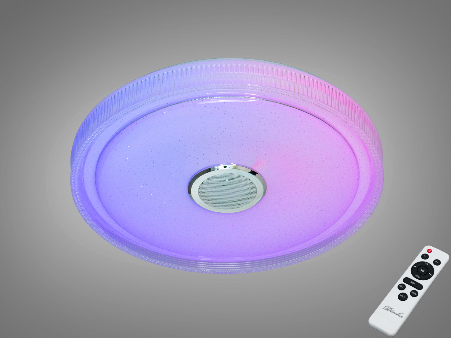Кругла стельова лампа з дистанційним керуванням, світиться фіолетовим кольором, підходить для сучасного інтер′єру.