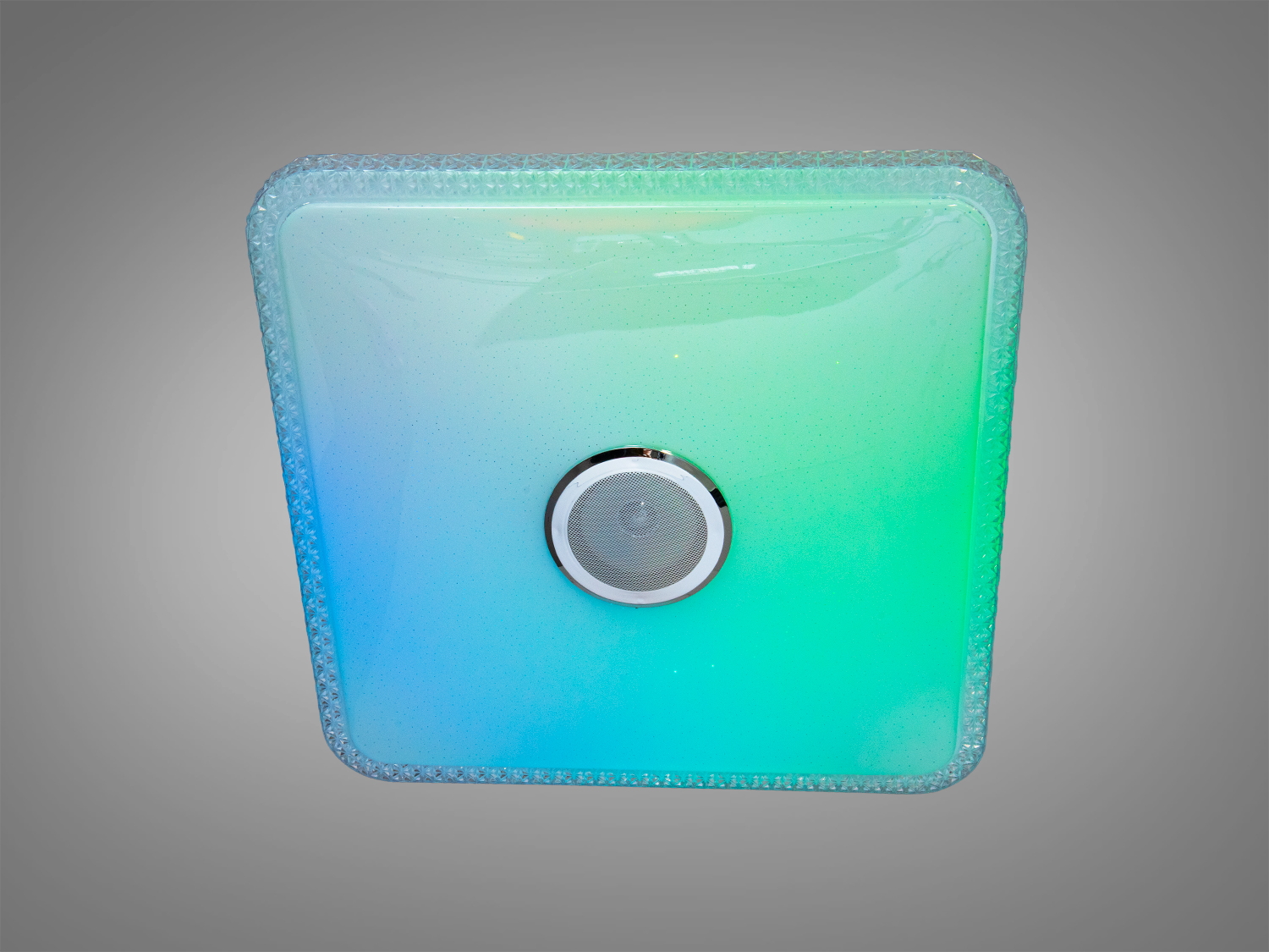 Світильник квадратної форми з кольоровим підсвічуванням, підходить для житлових приміщень, має гладку поверхню.