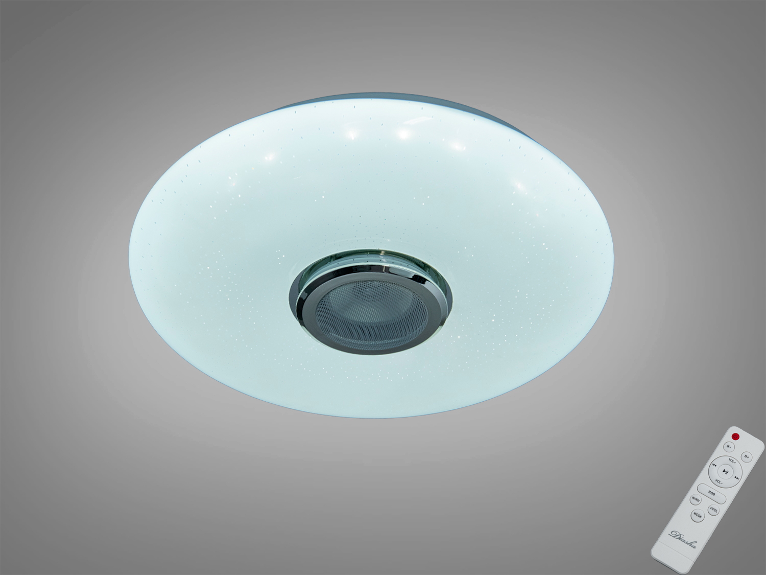 Смарт LED люстра 70 Вт з RGB та вбудованою Bluetooth‑колонкою. Керування через i‑Link і пульт, освітлення кімнат орієнтовно до 12 м².