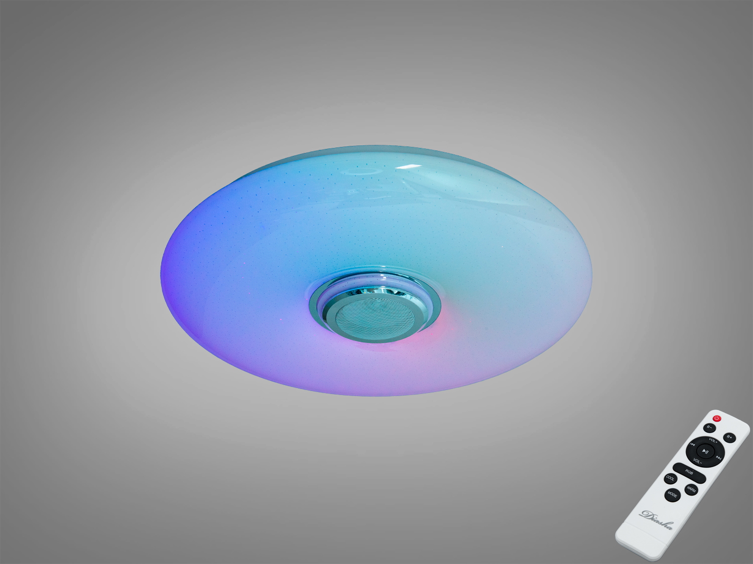 Біла стельова смарт люстра Diasha 80 Вт з RGB та вбудованою Bluetooth‑колонкою. Керування з пульта і через Smart Life TUYA, площа до ~14 м².