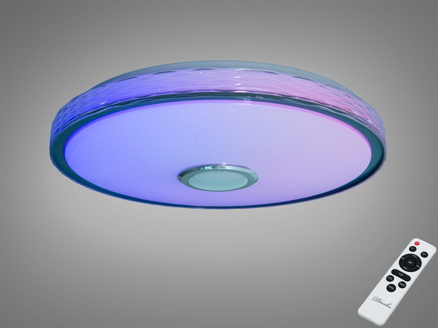 Біла смарт-люстра Diasha RGB 80 Вт з Bluetooth-колонкою. Керування через Smart Life TUYA та пульт, музика по Bluetooth і Wi‑Fi, підходить для кімнат до ~14 м².