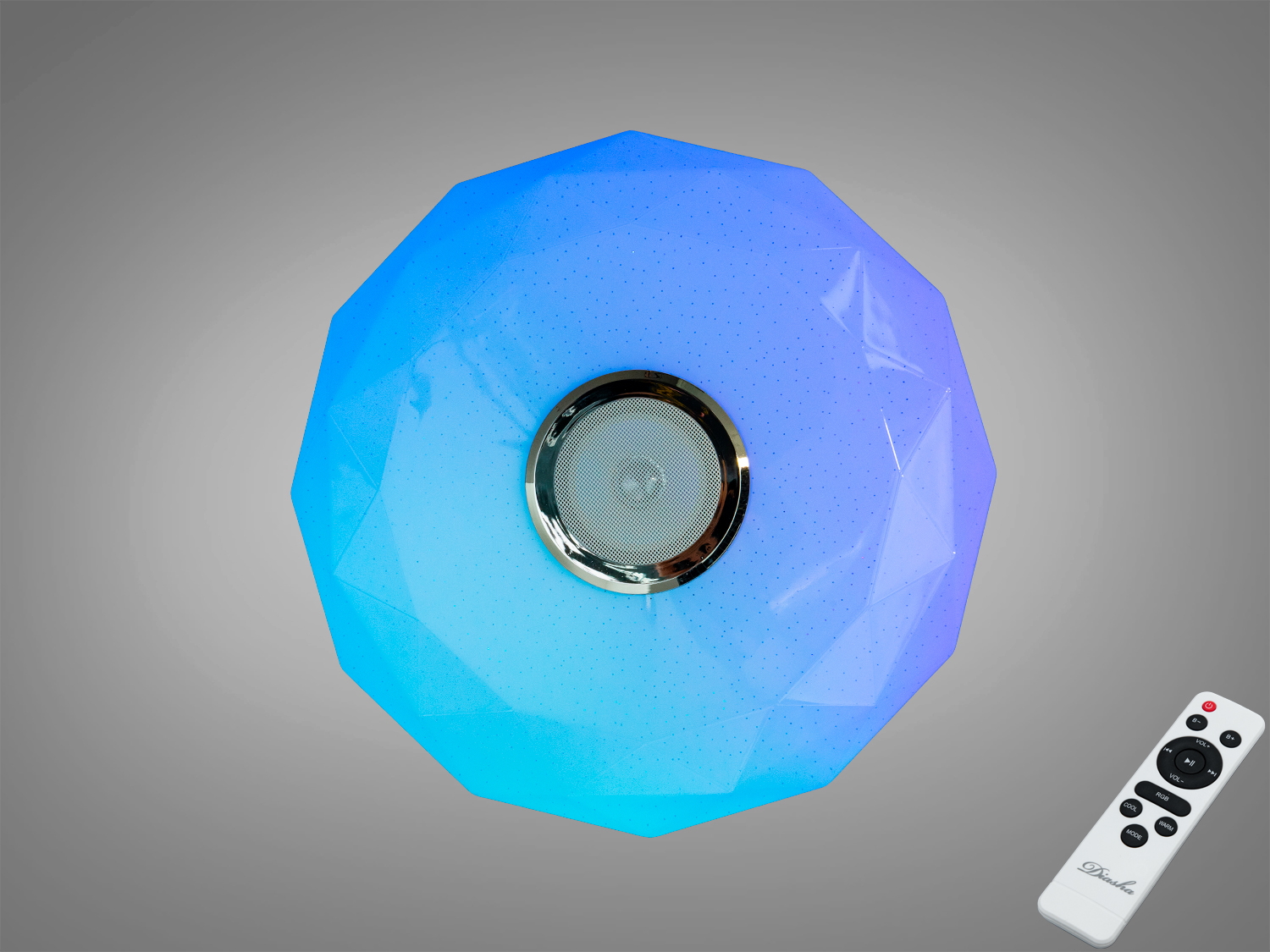 Білий смарт світильник 70 Вт з RGB та Bluetooth-колонкою. Керування через Tuya Smart Life і пульт, сцени, димування, синхронізація світла з музикою. До 12 м².