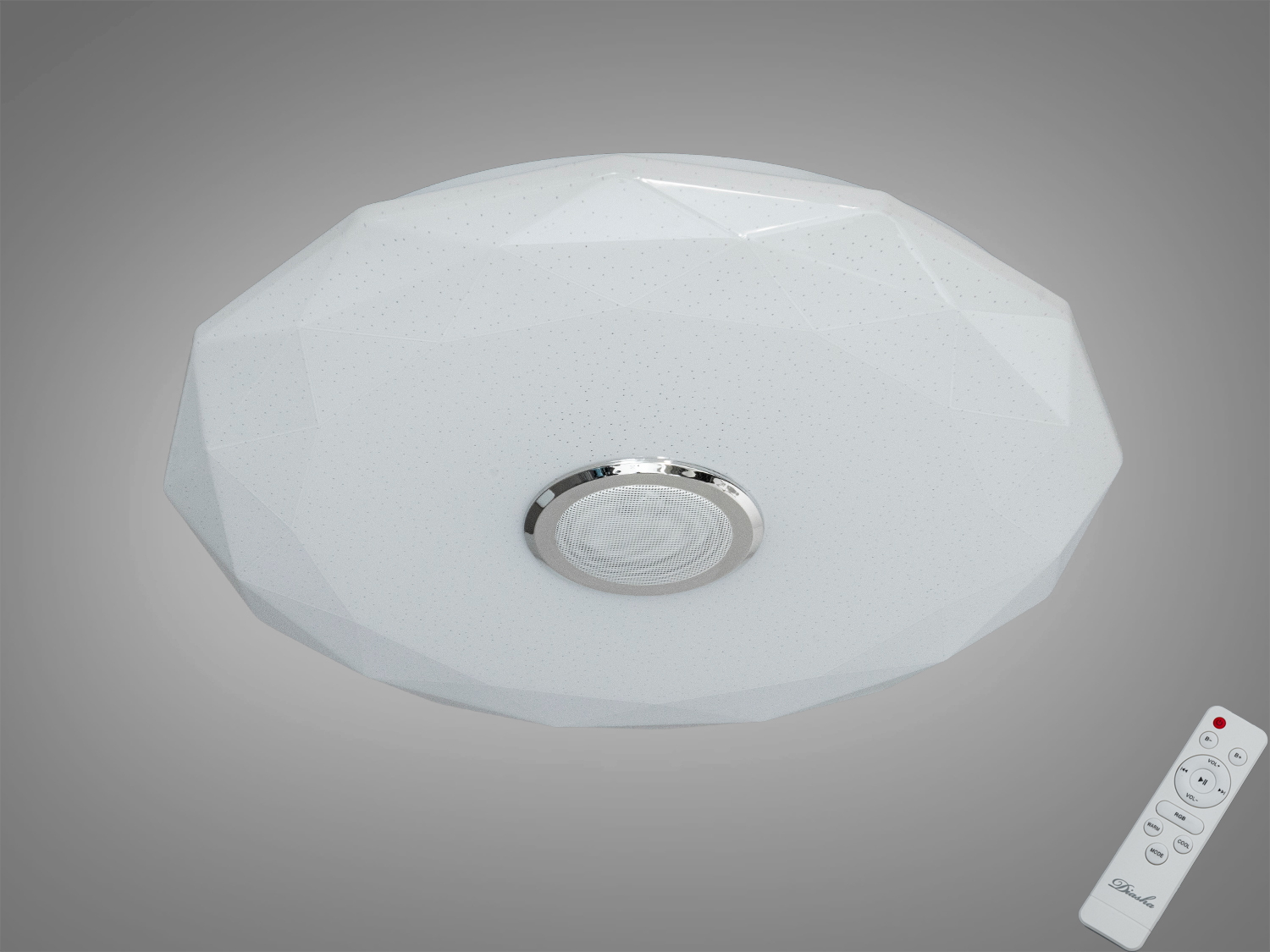 Смарт LED люстра 80 Вт біла з RGB та стерео Bluetooth-колонкою. Керування через додаток i-Link або пульт, таймери, музичний режим. Освітлення для кімнат до 14 м².