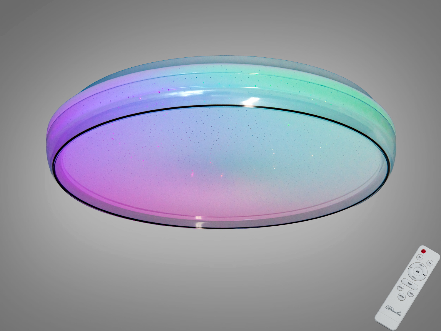 Біла стельова смарт LED-люстра Diasha 80 Вт з RGB, пультом і керуванням через застосунок iLink. Орієнтовне освітлення до ~14 м², димування та кольорові сценарії.