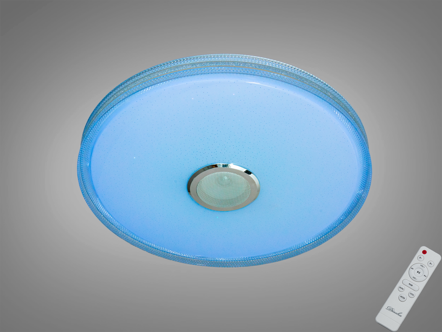 Біла смарт LED люстра 80 Вт з RGB та Bluetooth-колонкою. Керування через i-Link або пульт, підсвітка в ритмі музики, таймери. Рекомендовано для кімнат до ~14 м².