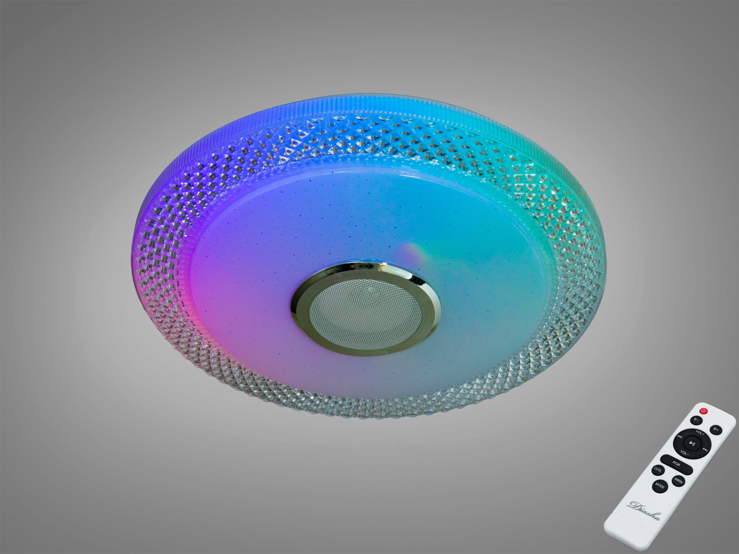 Біла смарт-люстра 70 Вт з RGB та вбудованою Bluetooth-колонкою. Керування через Tuya Smart Life або пульт, режими білого і кольорового світла для кімнат до 12 м².